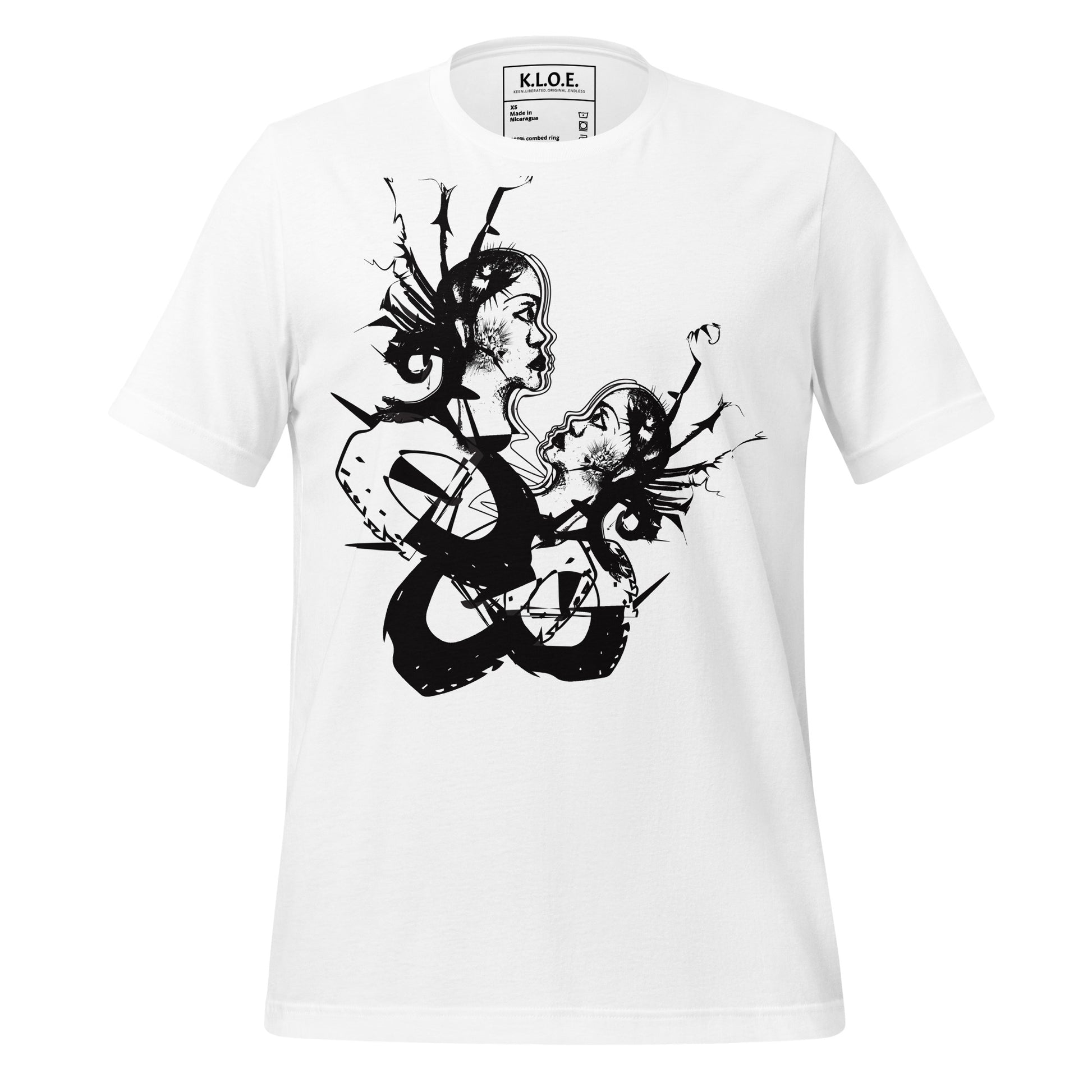 Front view of white unisex K.L.O.E. T-shirt with black abstract hand-drawn illustration of two faces entwined in symbolic shapes, reflecting cultural inspiration and artistic individuality.