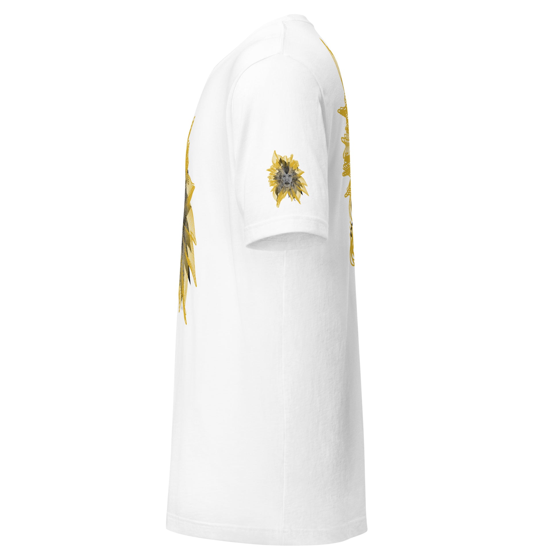 Side view of a white K.L.O.E. T-shirt featuring a striking hand-drawn face design surrounded by radiant golden abstract patterns—an artistic and empowering piece of handcrafted fashion, blending bohemian style clothing with contemporary fashion for bold self-expression and individuality.