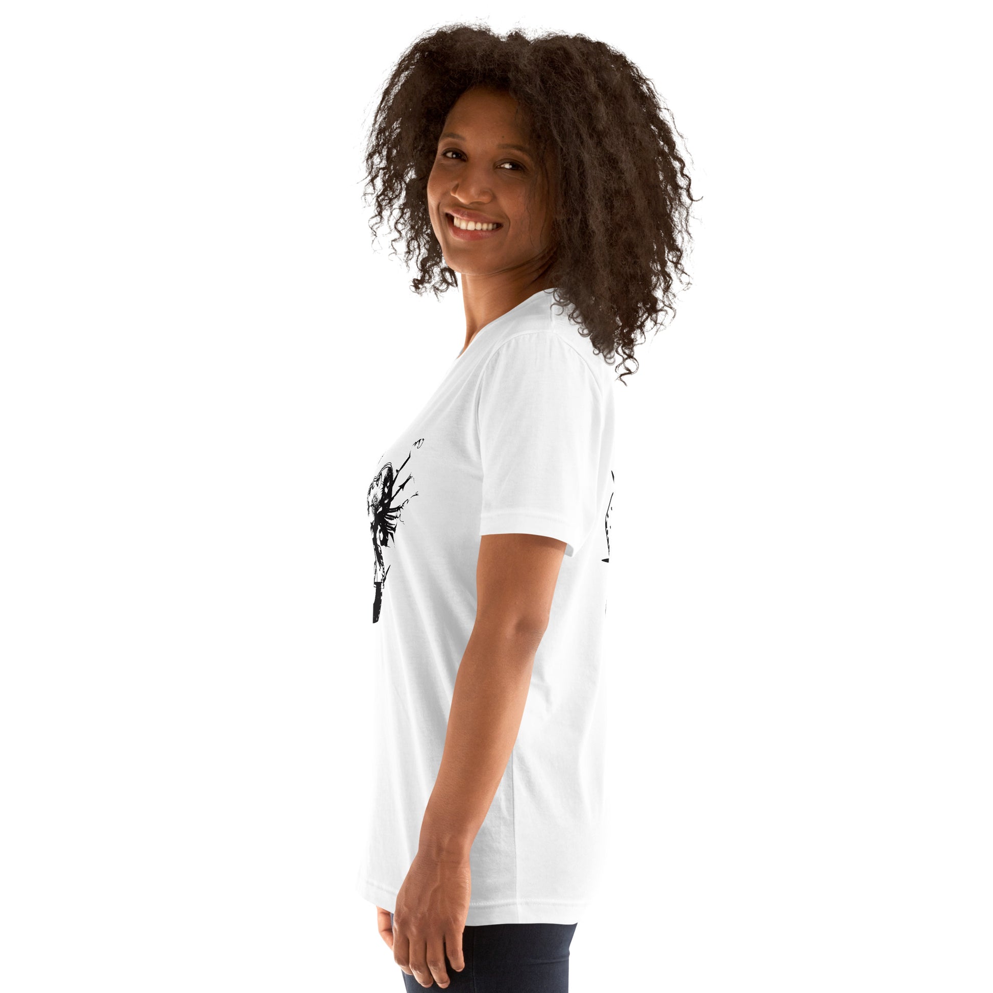 Side view of white unisex K.L.O.E. T-shirt with black abstract hand-drawn illustration.