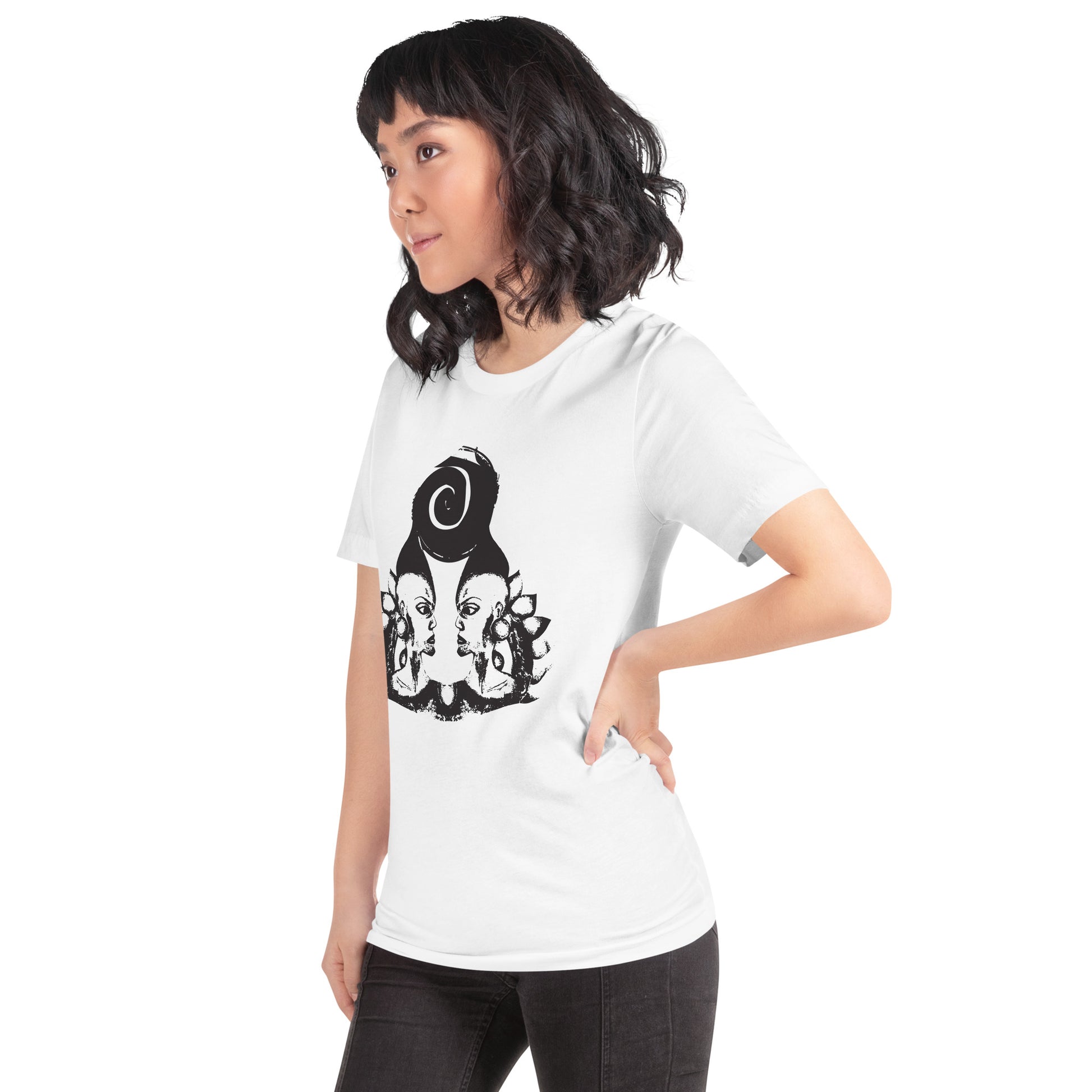 A model wearing white t-shirt, on a hanger, featuring wearable illustrations with an art-inspired black design of mirrored female faces and a bold central spiral symbol, celebrating expressive fashion and individuality – unique clothing by K.L.O.E.
