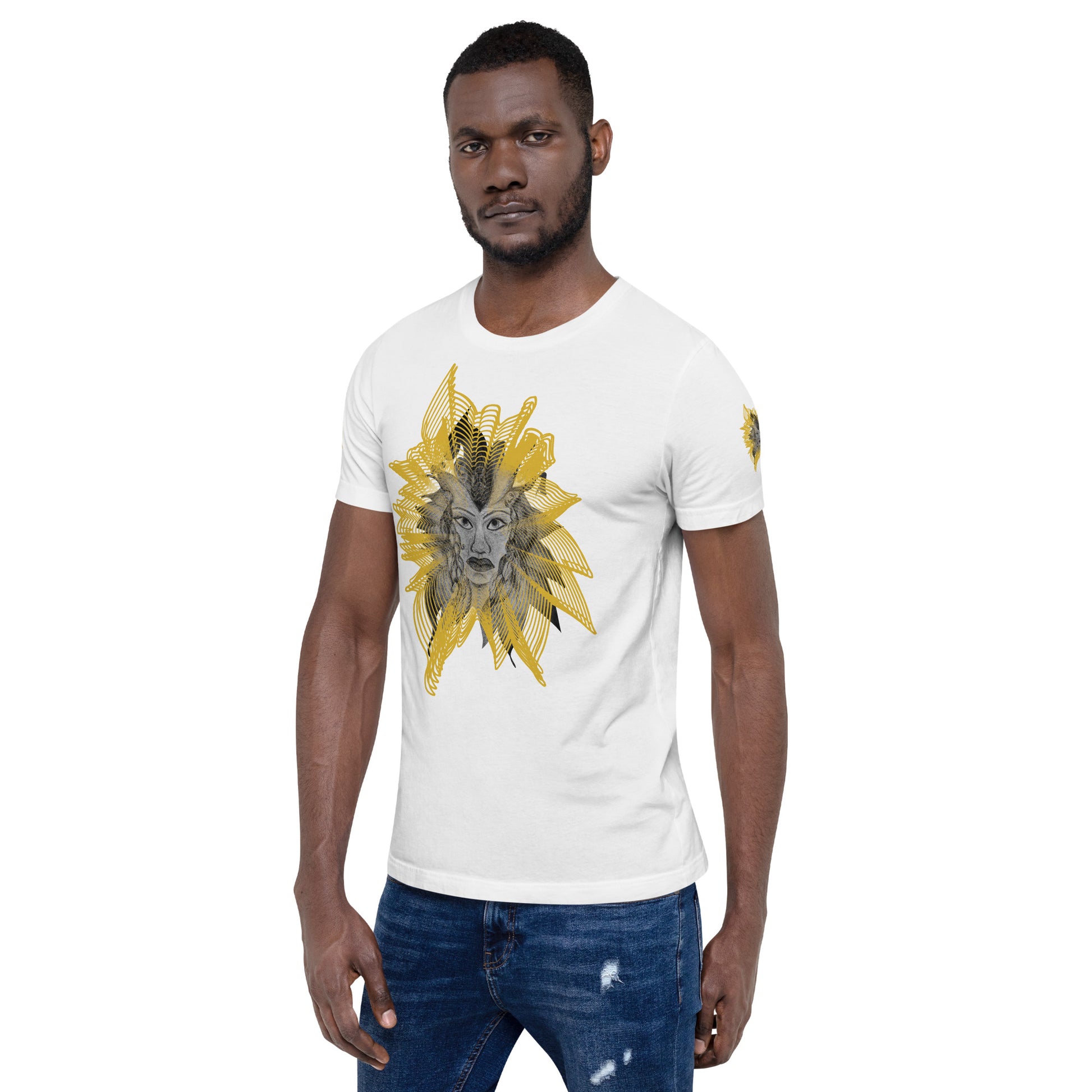 Front view of a white K.L.O.E. T-shirt featuring a striking hand-drawn face design surrounded by radiant golden abstract patterns—an artistic and empowering piece of handcrafted fashion, blending bohemian style clothing with contemporary fashion for bold self-expression and individuality, on a model.