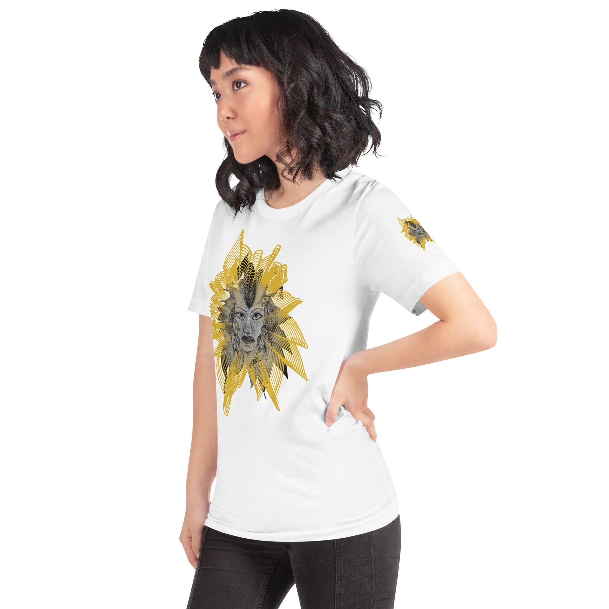 Front view of a white K.L.O.E. T-shirt featuring a striking hand-drawn face design surrounded by radiant golden abstract patterns—an artistic and empowering piece of handcrafted fashion, blending bohemian style clothing with contemporary fashion for bold self-expression and individuality, on a model.