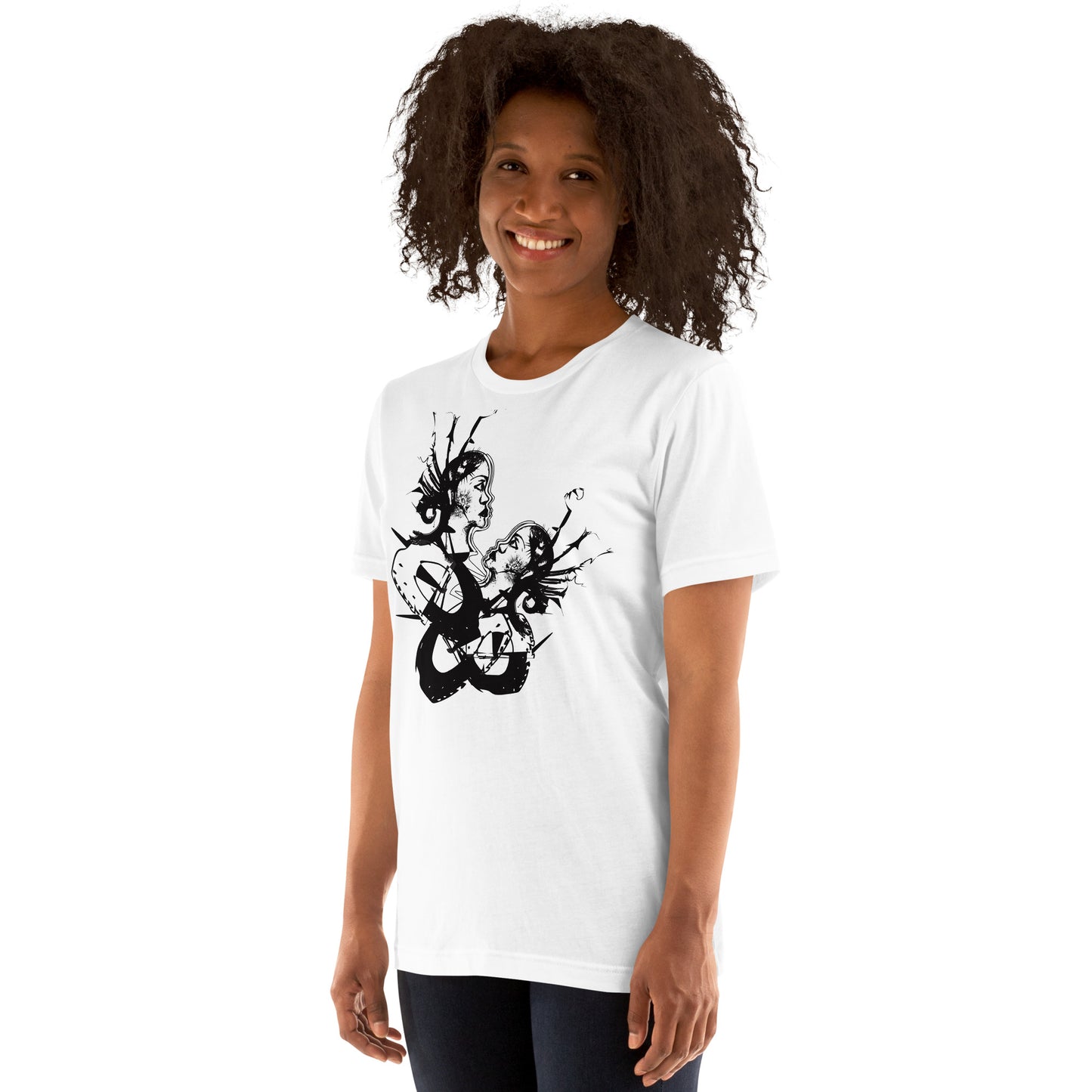 Front view of white unisex K.L.O.E. T-shirt with black abstract hand-drawn illustration of two faces entwined in symbolic shapes, reflecting cultural inspiration and artistic individuality.