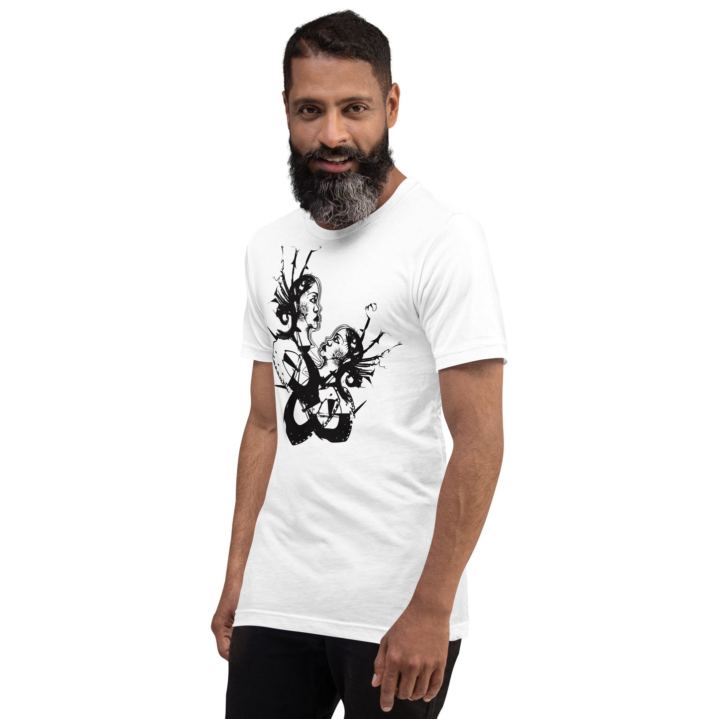 Front view of white unisex K.L.O.E. T-shirt with black abstract hand-drawn illustration of two faces entwined in symbolic shapes, reflecting cultural inspiration and artistic individuality.