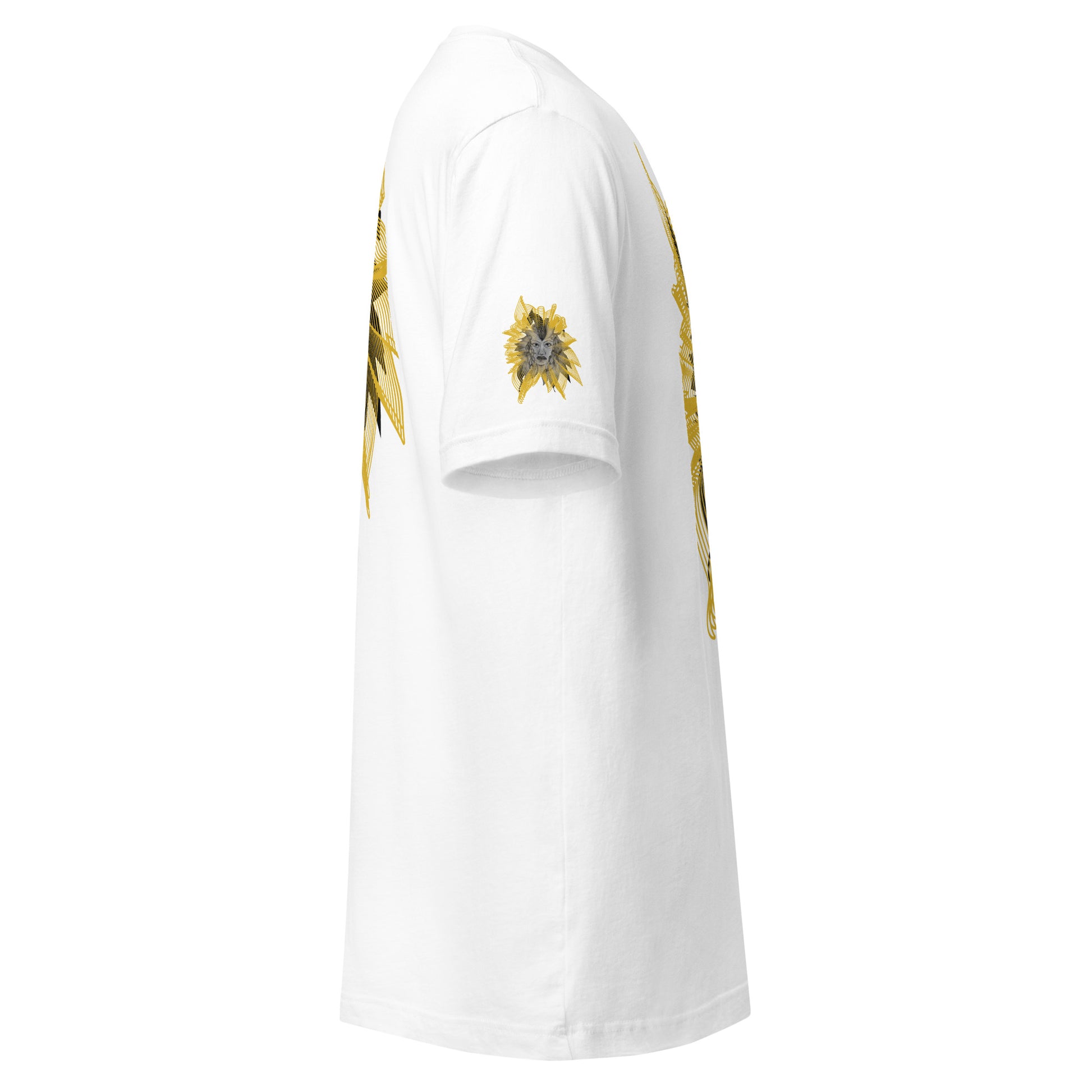 Side view of a white K.L.O.E. T-shirt featuring a striking hand-drawn face design surrounded by radiant golden abstract patterns—an artistic and empowering piece of handcrafted fashion, blending bohemian style clothing with contemporary fashion for bold self-expression and individuality.