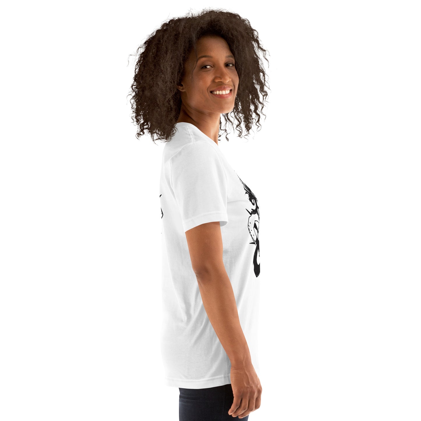 Side view of white unisex K.L.O.E. T-shirt with black abstract hand-drawn illustration.