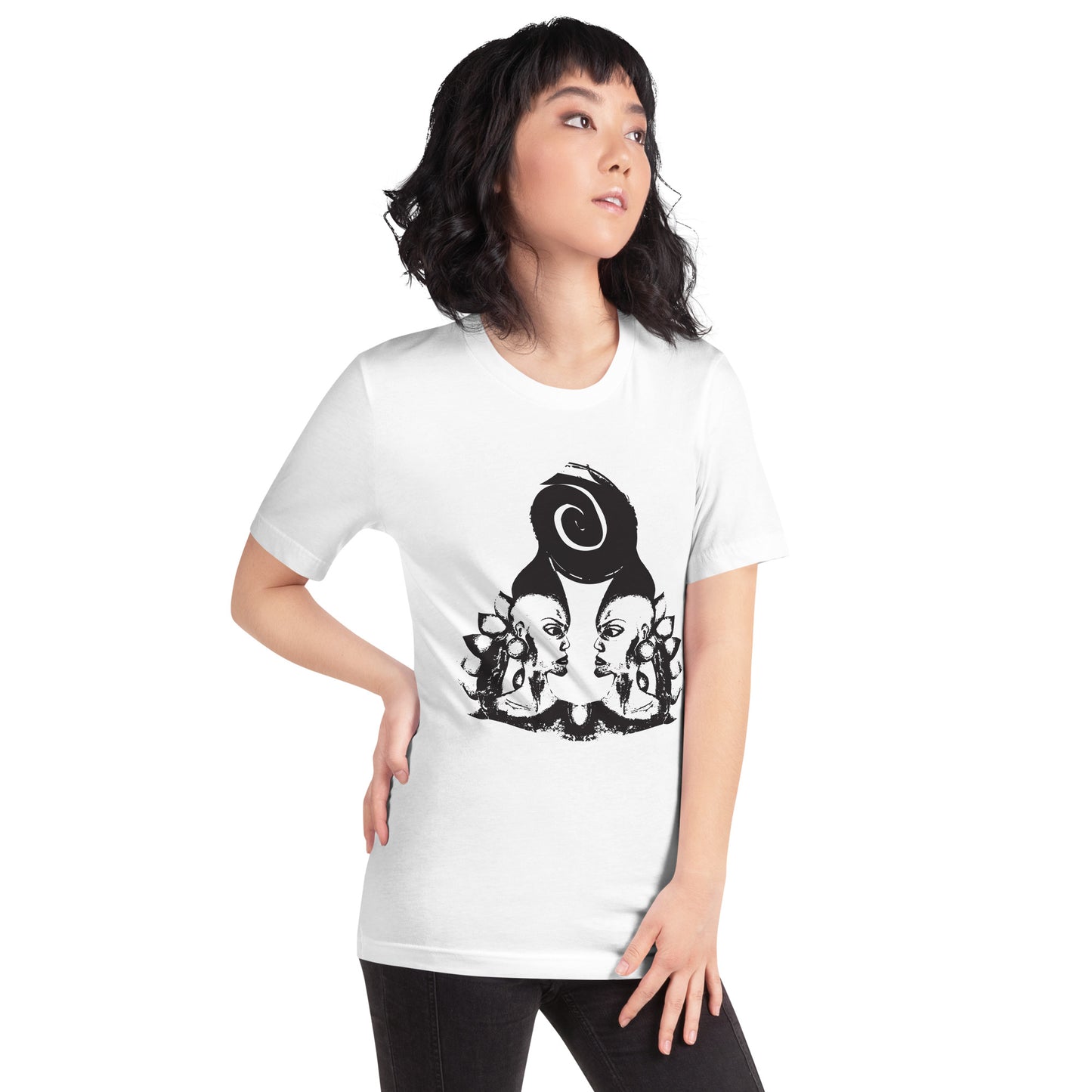 A model wearing white t-shirt, on a hanger, featuring wearable illustrations with an art-inspired black design of mirrored female faces and a bold central spiral symbol, celebrating expressive fashion and individuality – unique clothing by K.L.O.E.