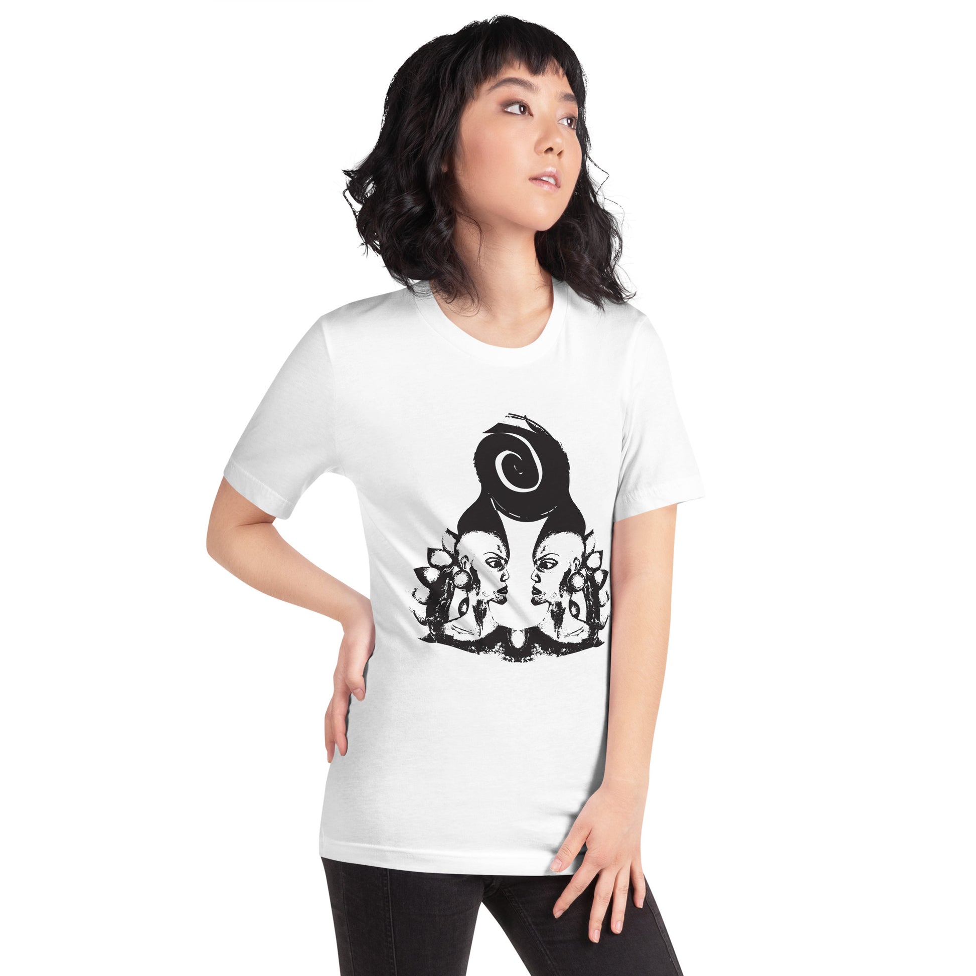 A model wearing white t-shirt, on a hanger, featuring wearable illustrations with an art-inspired black design of mirrored female faces and a bold central spiral symbol, celebrating expressive fashion and individuality – unique clothing by K.L.O.E.