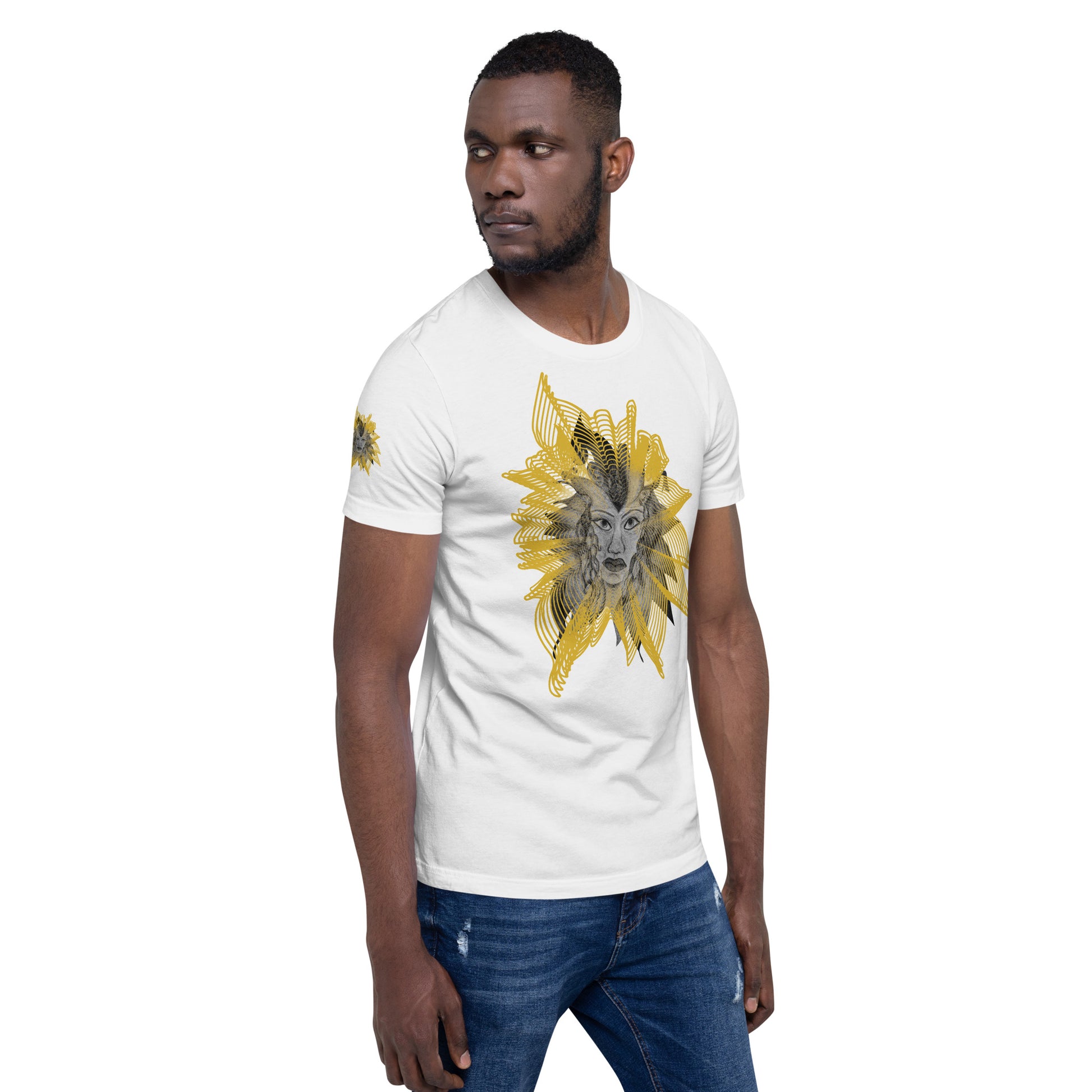 Front view of a white K.L.O.E. T-shirt featuring a striking hand-drawn face design surrounded by radiant golden abstract patterns—an artistic and empowering piece of handcrafted fashion, blending bohemian style clothing with contemporary fashion for bold self-expression and individuality, on a model.