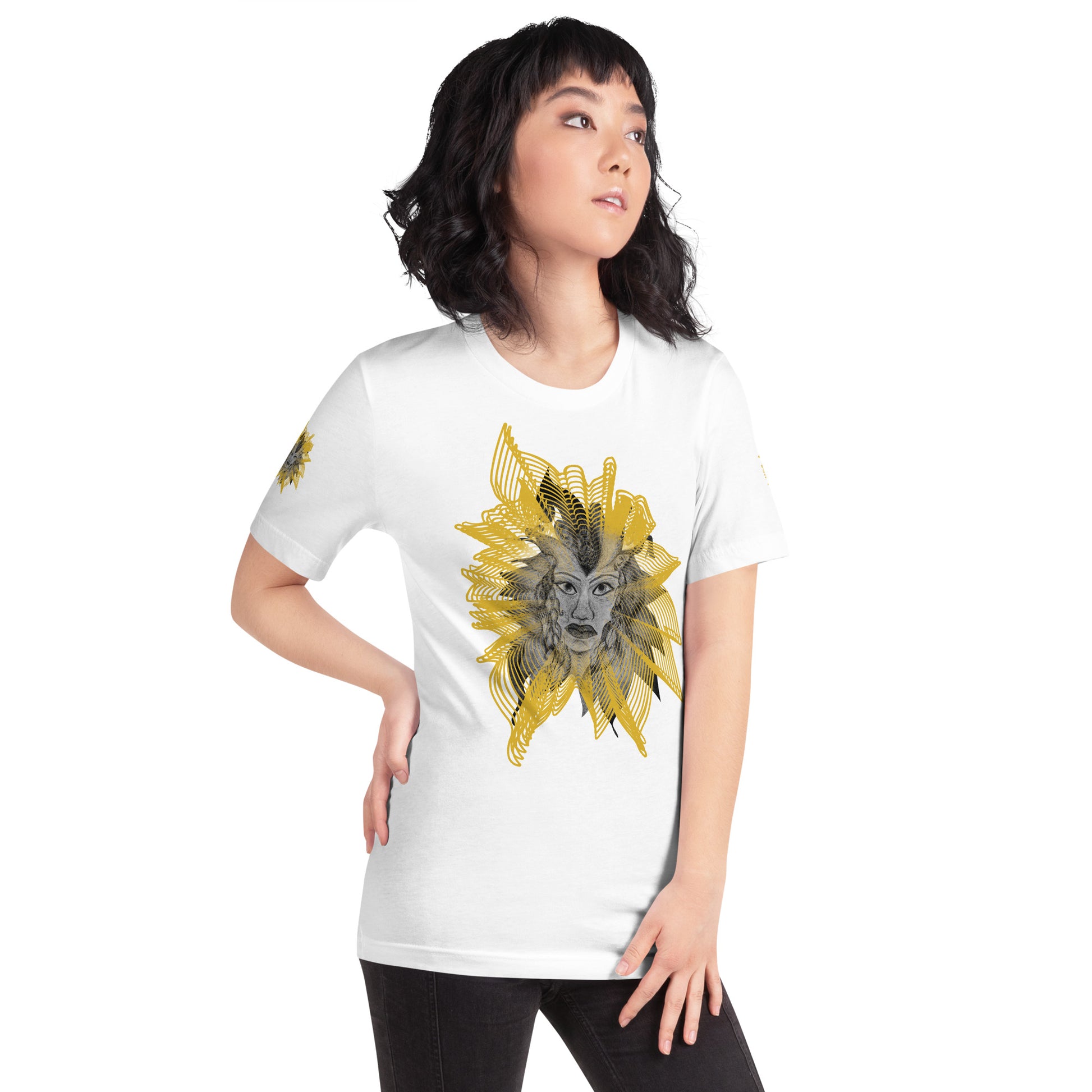 Front view of a white K.L.O.E. T-shirt featuring a striking hand-drawn face design surrounded by radiant golden abstract patterns—an artistic and empowering piece of handcrafted fashion, blending bohemian style clothing with contemporary fashion for bold self-expression and individuality, on a model.