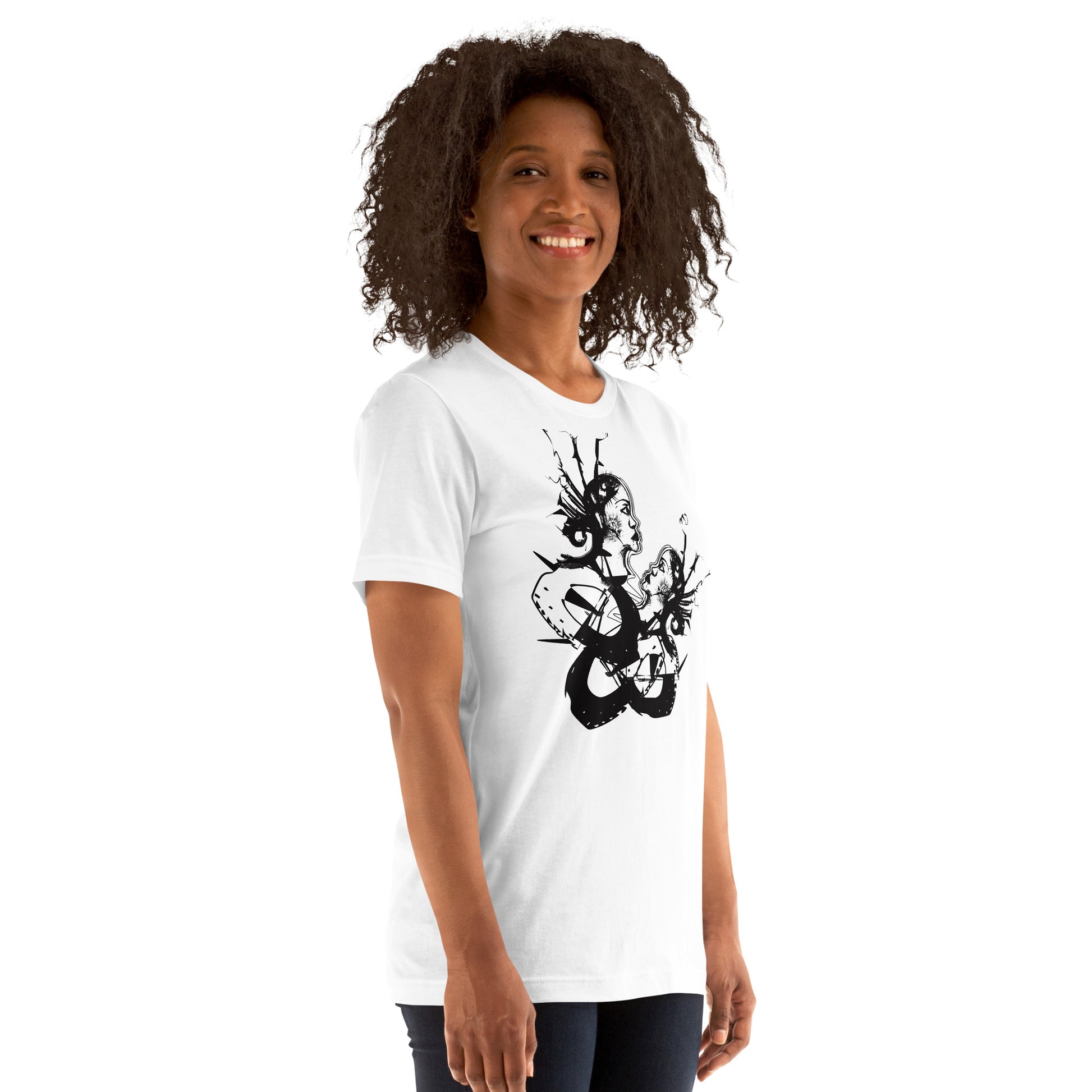Front view of white unisex K.L.O.E. T-shirt with black abstract hand-drawn illustration of two faces entwined in symbolic shapes, reflecting cultural inspiration and artistic individuality.
