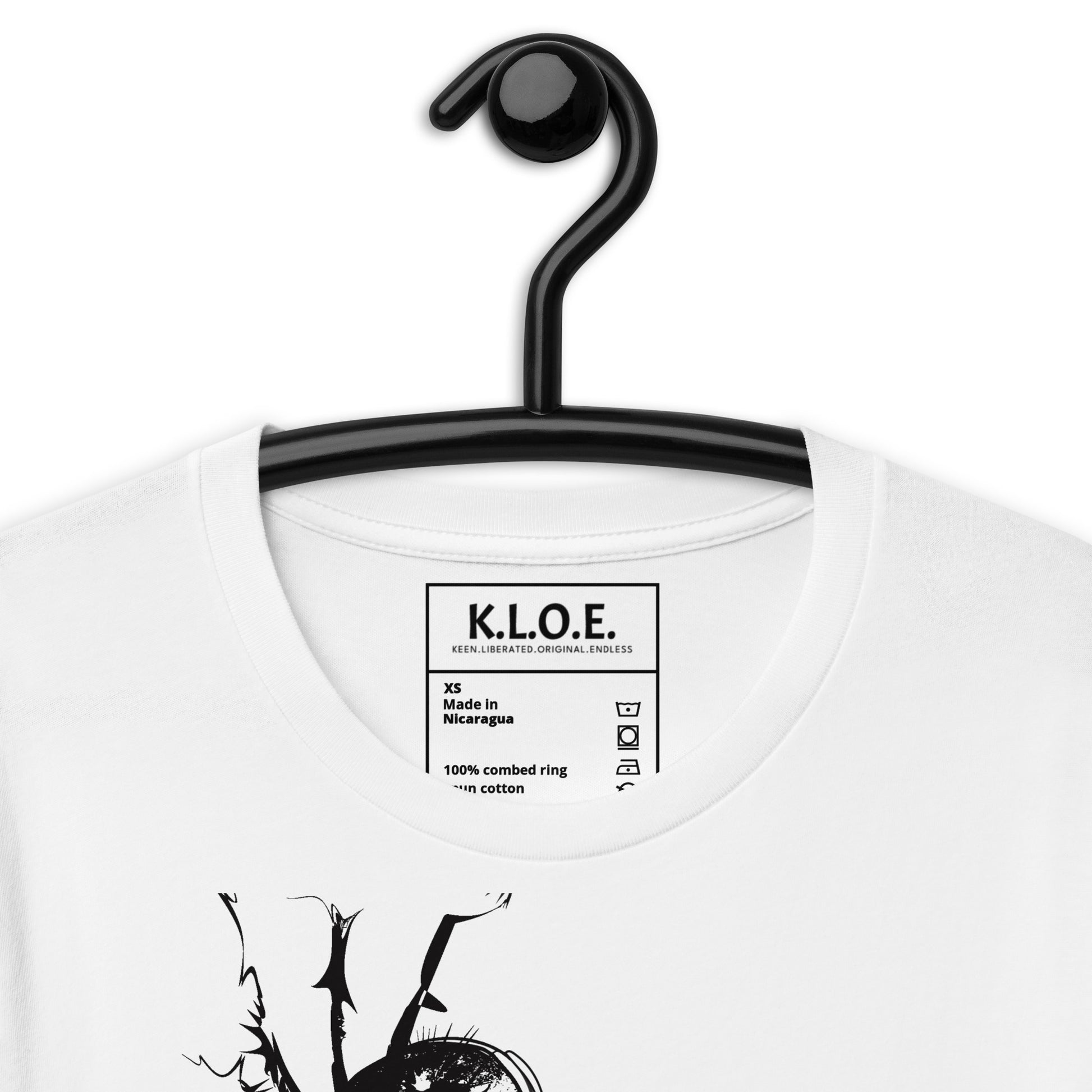 Close up view of white unisex K.L.O.E. T-shirt showcasing the inside label of the t-shirt.