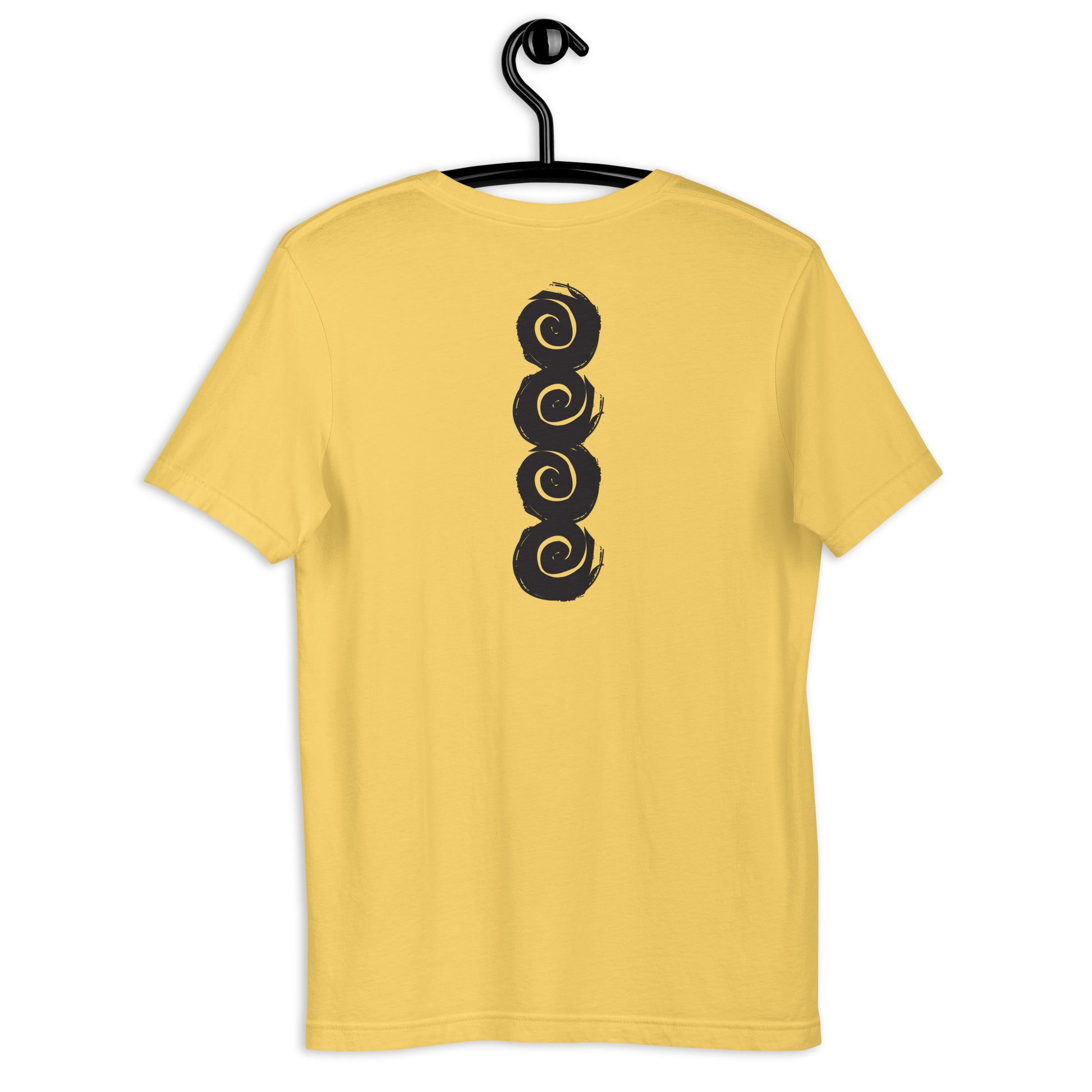 Back of a yellow t-shirt featuring a vertical row of four bold, black spiral symbols, hand-drawn in an expressive, brushstroke style. This culturally inspired design from K.L.O.E. highlights artisan craftsmanship and modern boho style, perfect for those who seek unique, eco-friendly fashion and artistic self-expression.