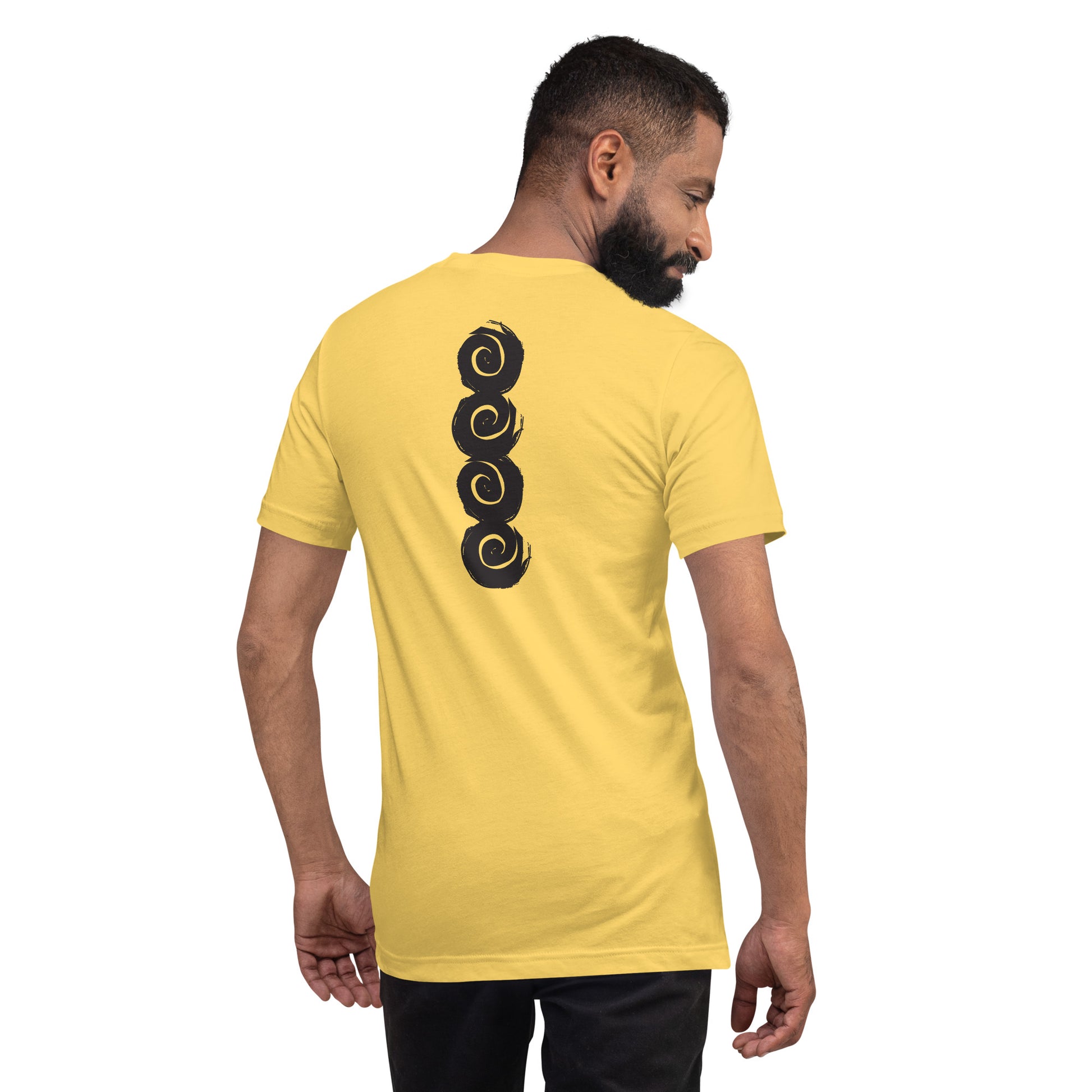 Back of a yellow t-shirt featuring a vertical row of four bold, black spiral symbols, hand-drawn in an expressive, brushstroke style. This culturally inspired design from K.L.O.E. highlights artisan craftsmanship and modern boho style, perfect for those who seek unique, eco-friendly fashion and artistic self-expression, worn by a male model.