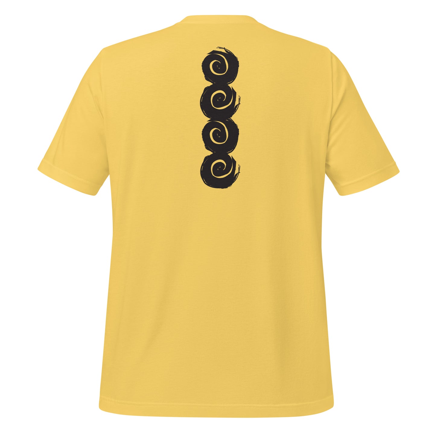 Back of a yellow t-shirt featuring a vertical row of four bold, black spiral symbols, hand-drawn in an expressive, brushstroke style. This culturally inspired design from K.L.O.E. highlights artisan craftsmanship and modern boho style, perfect for those who seek unique, eco-friendly fashion and artistic self-expression.