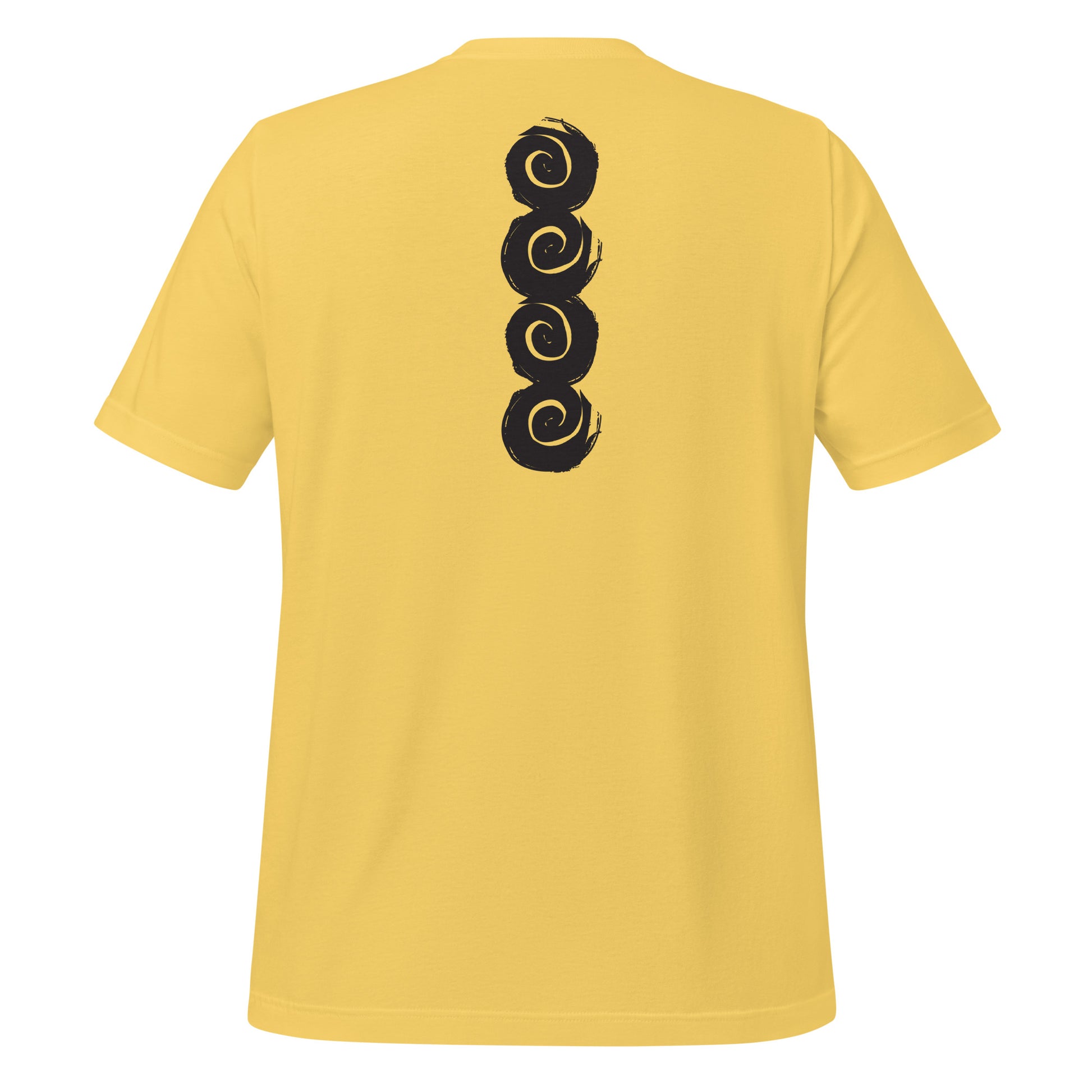 Back of a yellow t-shirt featuring a vertical row of four bold, black spiral symbols, hand-drawn in an expressive, brushstroke style. This culturally inspired design from K.L.O.E. highlights artisan craftsmanship and modern boho style, perfect for those who seek unique, eco-friendly fashion and artistic self-expression.