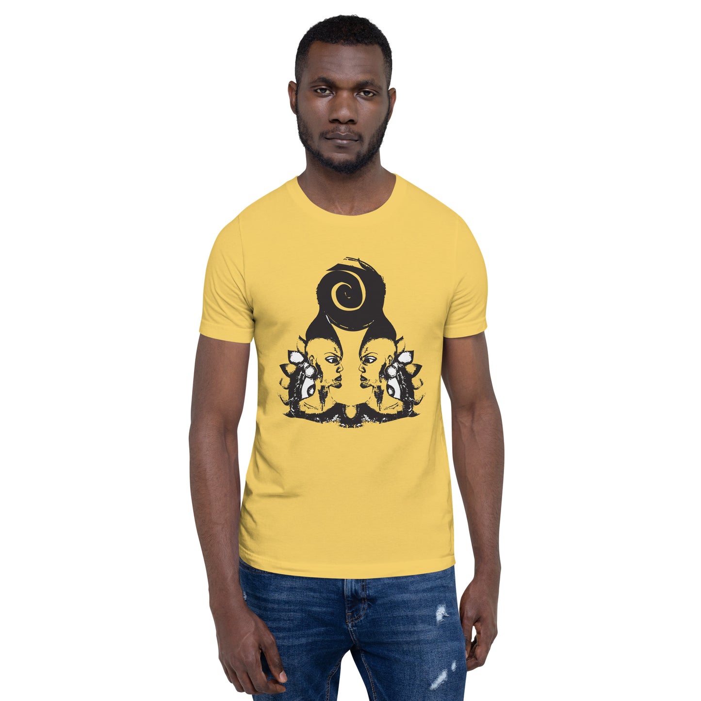 A  male model wearing yellow t-shirt featuring wearable illustrations with an art-inspired black design of mirrored female faces and a bold central spiral symbol, celebrating expressive fashion and individuality – unique clothing by K.L.O.E.