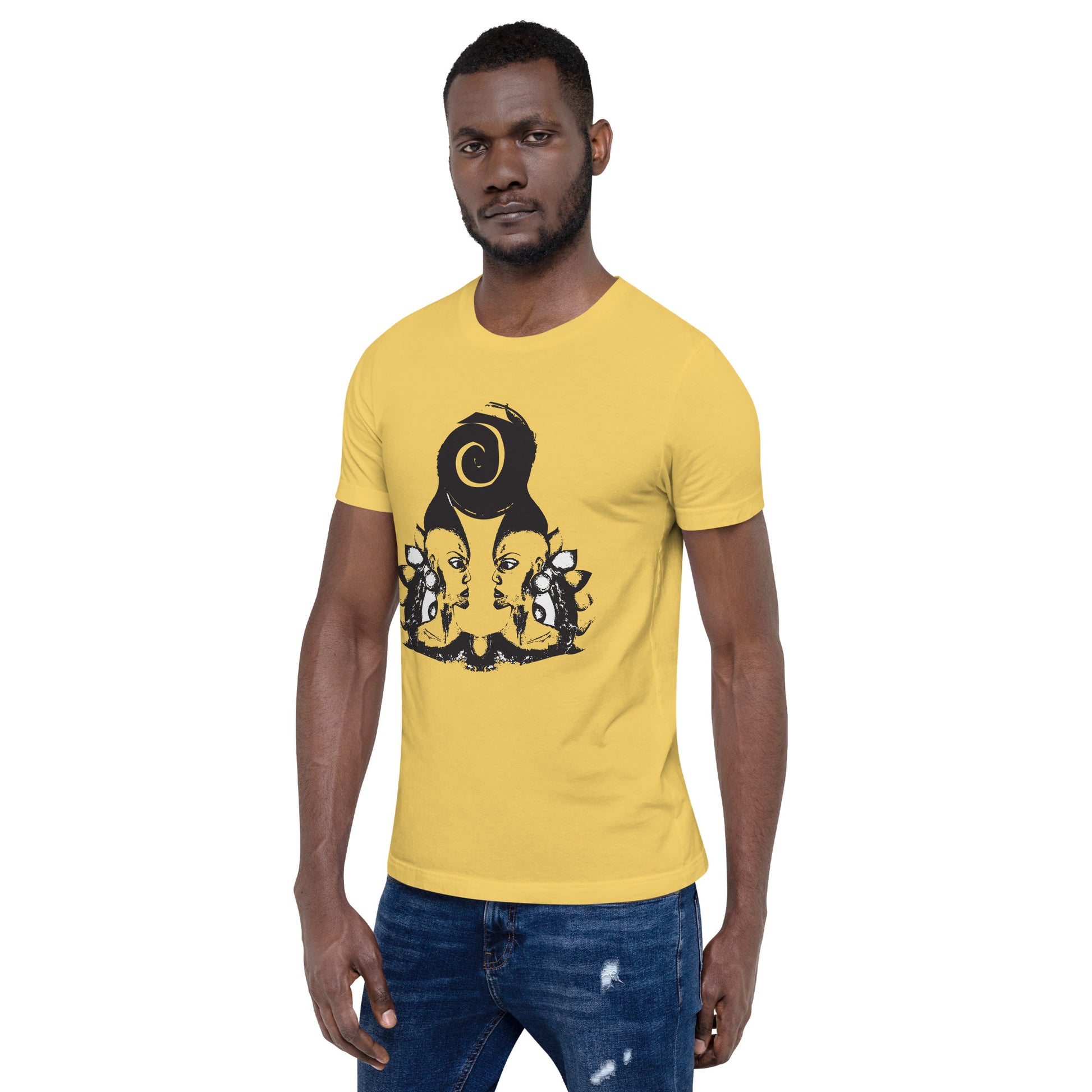 A  male model wearing yellow t-shirt featuring wearable illustrations with an art-inspired black design of mirrored female faces and a bold central spiral symbol, celebrating expressive fashion and individuality – unique clothing by K.L.O.E.