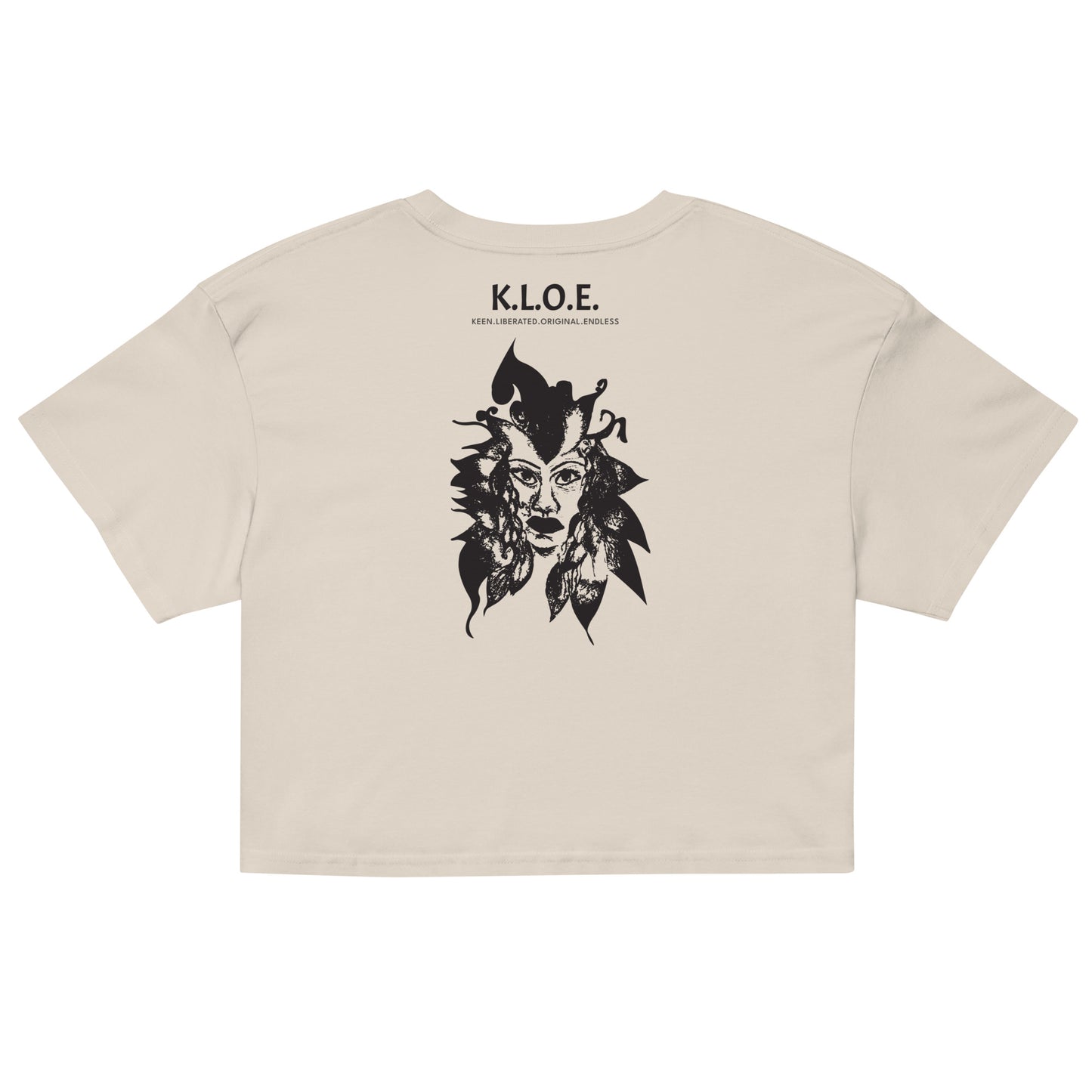 Back view of a bone K.L.O.E. crop t-shirt showcasing a culturally inspired, hand-drawn black design featuring a bold, expressive face intertwined with flowing, abstract patterns, and K.L.O.E. logo, embodying artistic self-expression and modern bohemian style fashion.