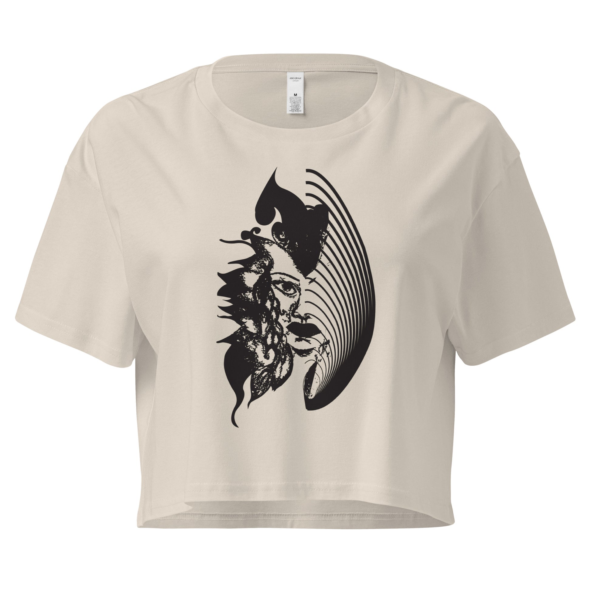 Bone K.L.O.E. crop t-shirt featuring a culturally inspired, hand-drawn black graphic of a bold, expressive face surrounded by intricate details, celebrating individuality and artistic self-expression in modern bohemian style fashion.