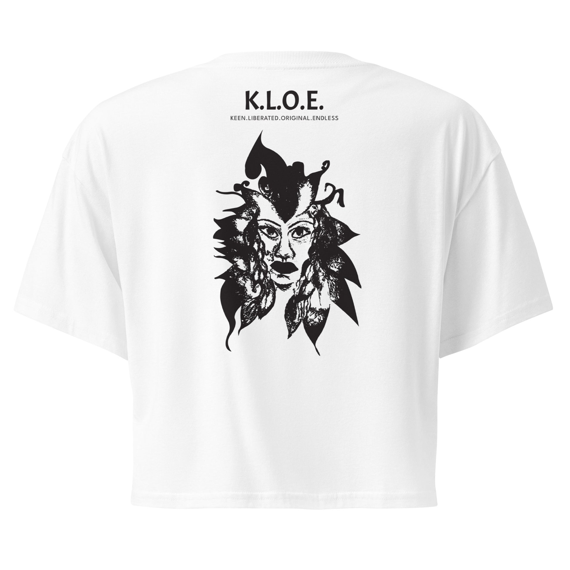 Back view of a white K.L.O.E. crop t-shirt showcasing a culturally inspired, hand-drawn black design featuring a bold, expressive face intertwined with flowing, abstract patterns, and K.L.O.E. logo, embodying artistic self-expression and modern bohemian style fashion.