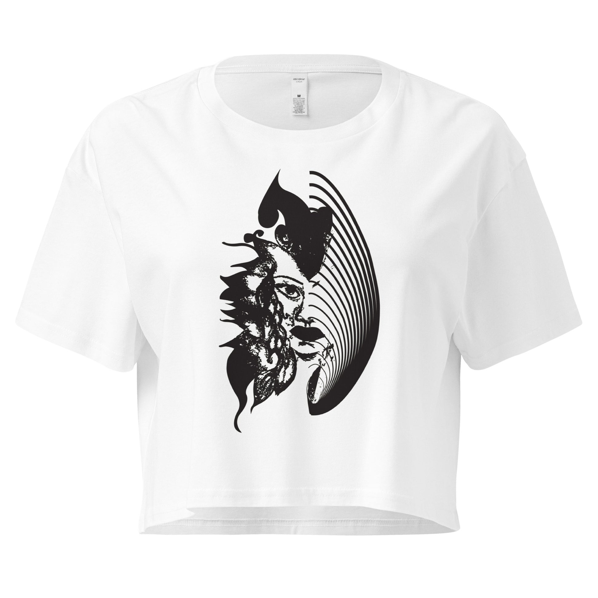 White K.L.O.E. crop t-shirt featuring a culturally inspired, hand-drawn black graphic of a bold, expressive face surrounded by intricate details, celebrating individuality and artistic self-expression in modern bohemian style fashion.