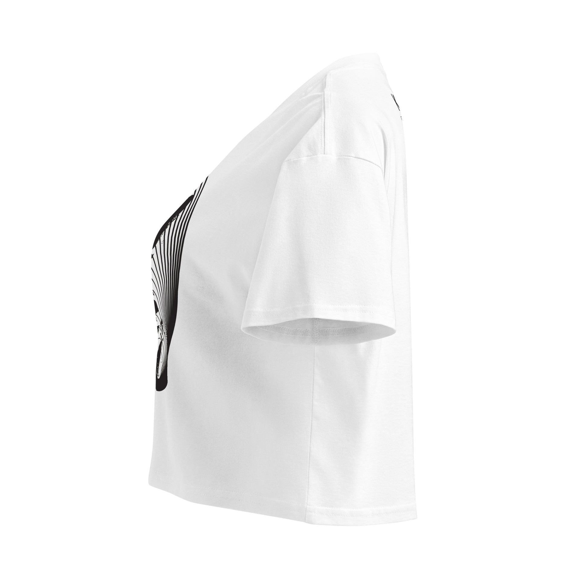 Side view of a white K.L.O.E. crop t-shirt featuring a culturally inspired, hand-drawn black graphic of a bold, expressive face surrounded by intricate details, celebrating individuality and artistic self-expression in modern bohemian style fashion.