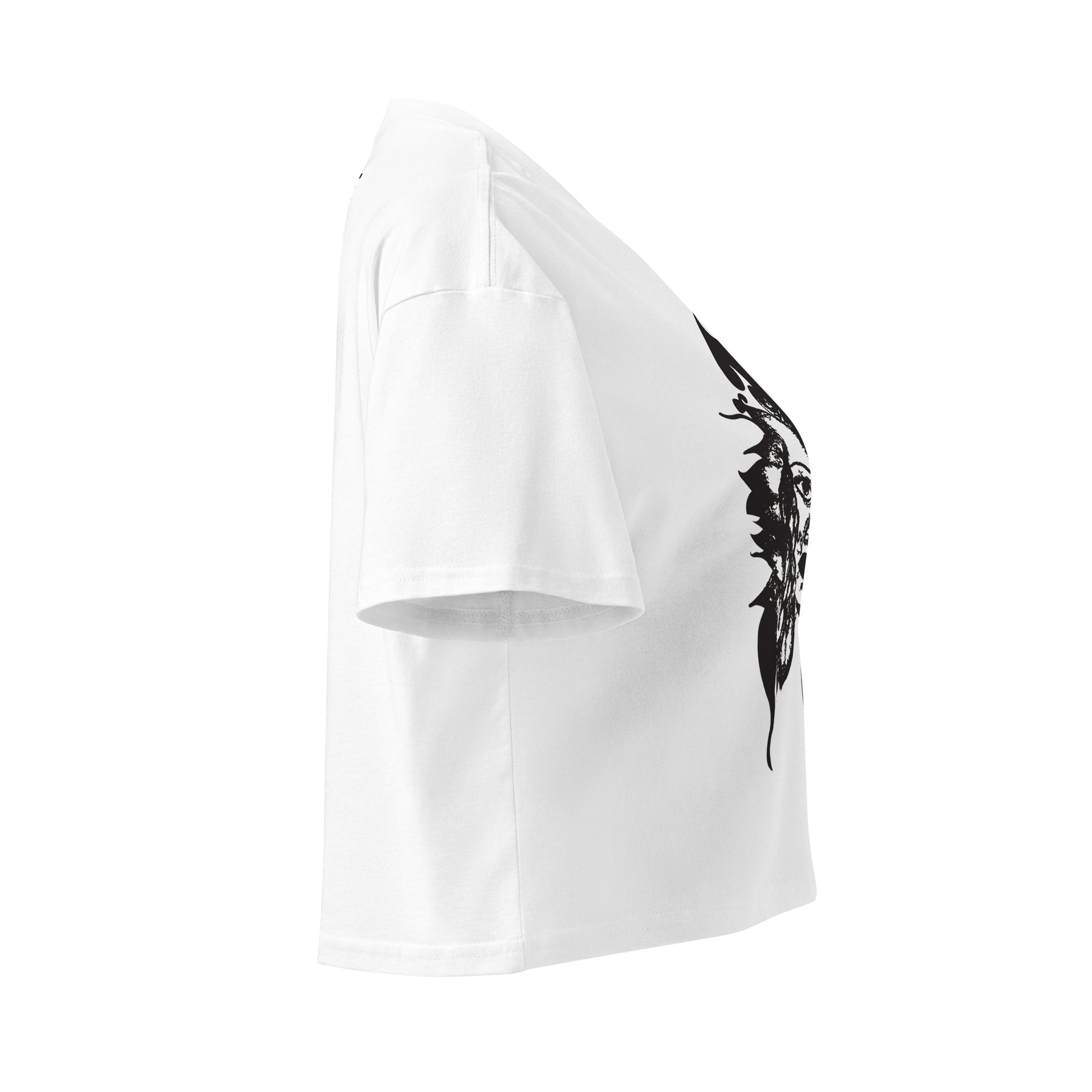 Side view of a white K.L.O.E. crop t-shirt featuring a culturally inspired, hand-drawn black graphic of a bold, expressive face surrounded by intricate details, celebrating individuality and artistic self-expression in modern bohemian style fashion.