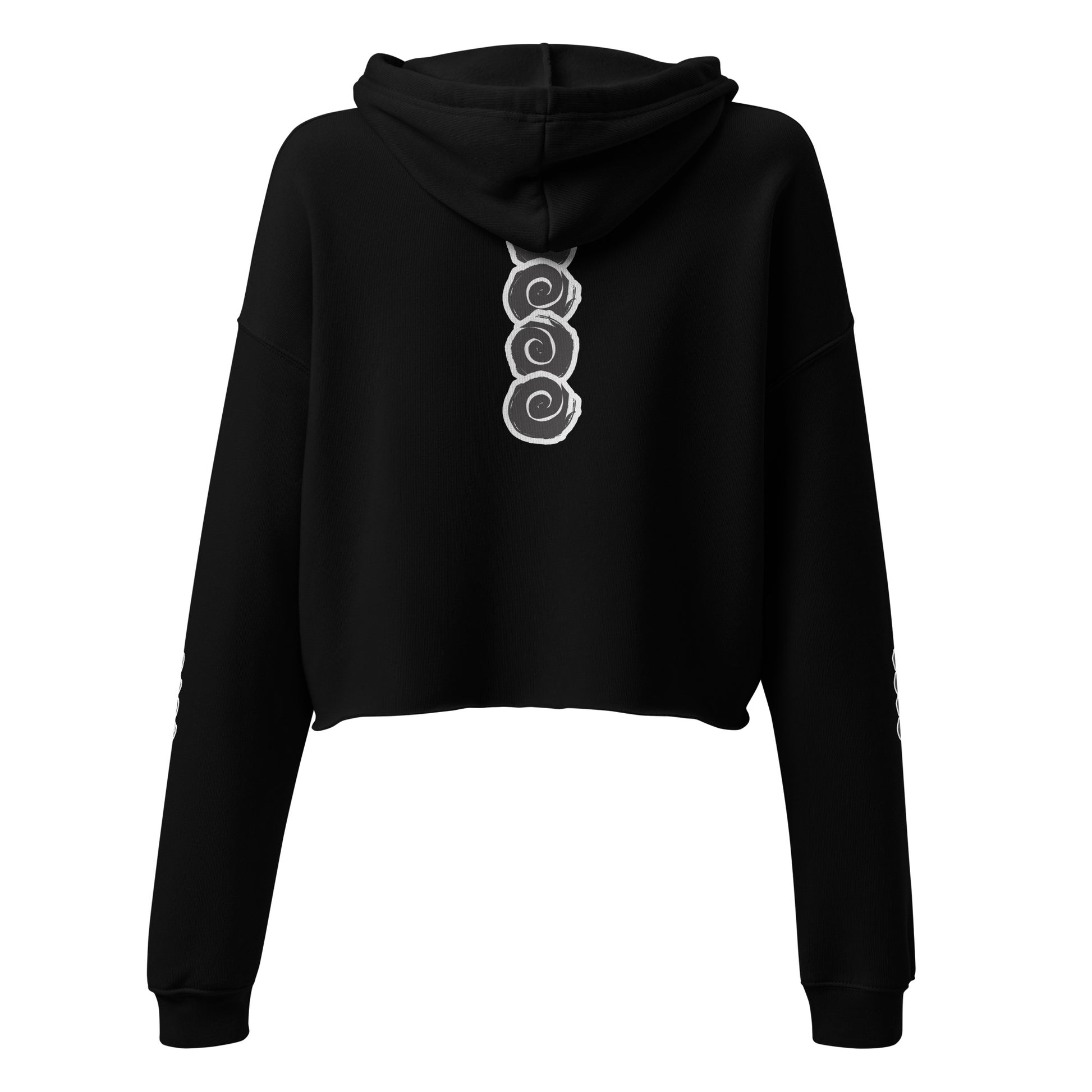 Back view of a black cropped hoodie featuring a vertical row of three hand-drawn white spirals in a bold, brushstroke style. This unique, culturally inspired design from K.L.O.E. embodies modern boho style and artistic expression, ideal for those seeking eco-friendly, artisan fashion with a contemporary edge.