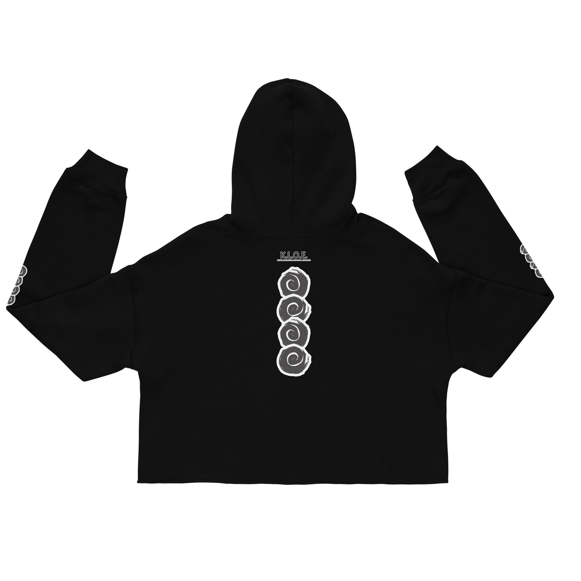 Back view of a black cropped hoodie featuring a vertical row of three hand-drawn white spirals in a bold, brushstroke style. This unique, culturally inspired design from K.L.O.E. embodies modern boho style and artistic expression, ideal for those seeking eco-friendly, artisan fashion with a contemporary edge.