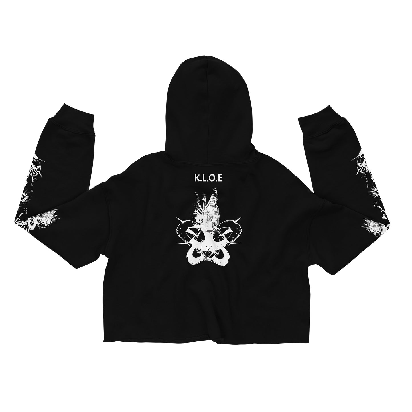 Back view of black unisex K.L.O.E. crop hoodie with white abstract hand-drawn illustration of two faces intertwined with organic shapes and cultural symbolism—expressing metamorphosis, identity, and artistic freedom.