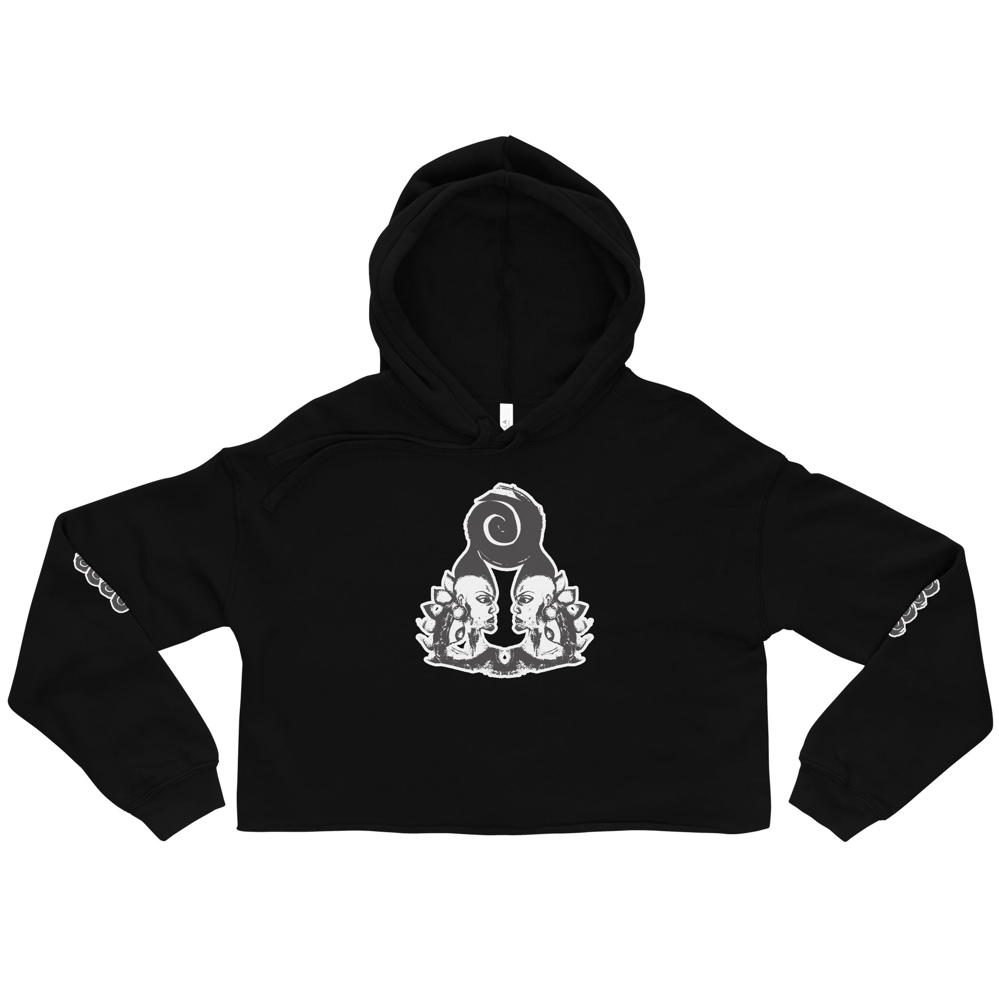 Black cropped hoodie featuring a white, hand-drawn graphic of two mirrored female figures with bold, intricate headpieces and a swirling central element. This culturally inspired, artisan design from K.L.O.E. captures modern boho style and expressive fashion, perfect for individuals seeking unique, eco-friendly apparel that celebrates self-expression and global artistry.