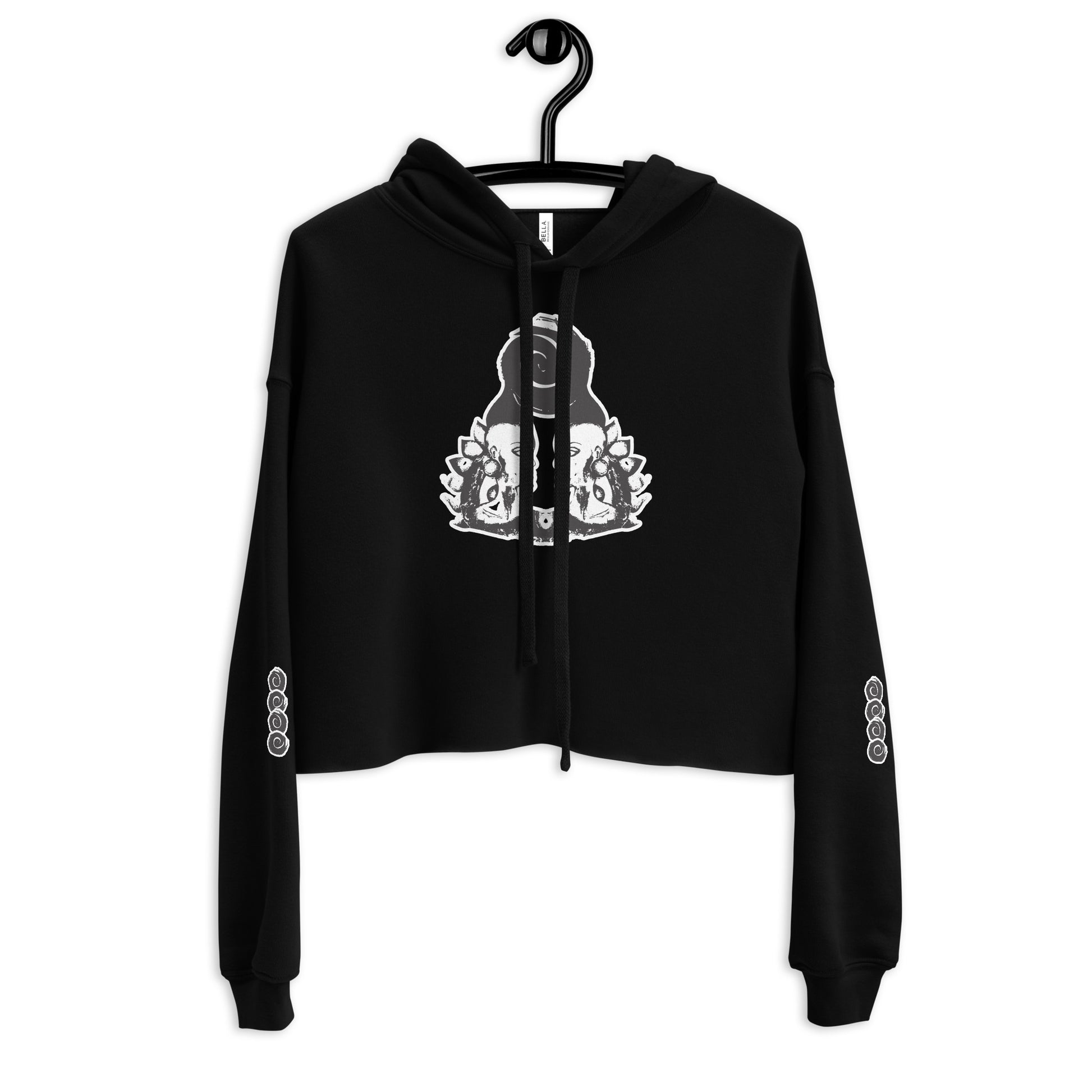 Black cropped hoodie featuring a white, hand-drawn graphic of two mirrored female figures with bold, intricate headpieces and a swirling central element. This culturally inspired, artisan design from K.L.O.E. captures modern boho style and expressive fashion, perfect for individuals seeking unique, eco-friendly apparel that celebrates self-expression and global artistry.