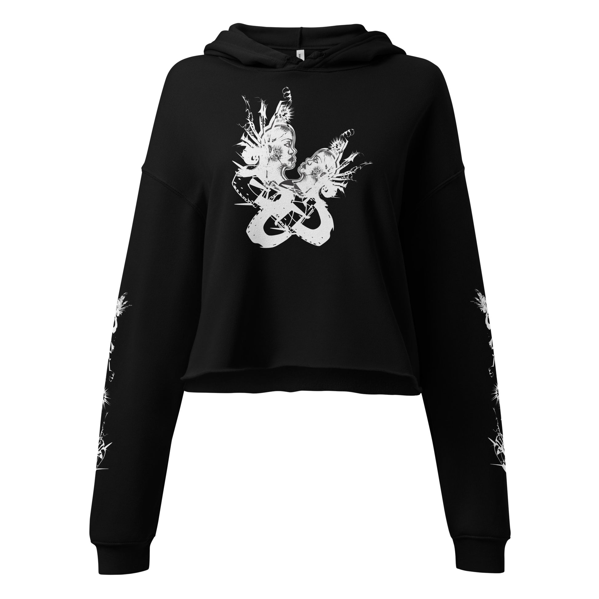 Front view of black unisex K.L.O.E. crop hoodie featuring white hand-drawn, culturally inspired artwork on the sleeves—symbolizing transformation and individuality through intricate abstract design.