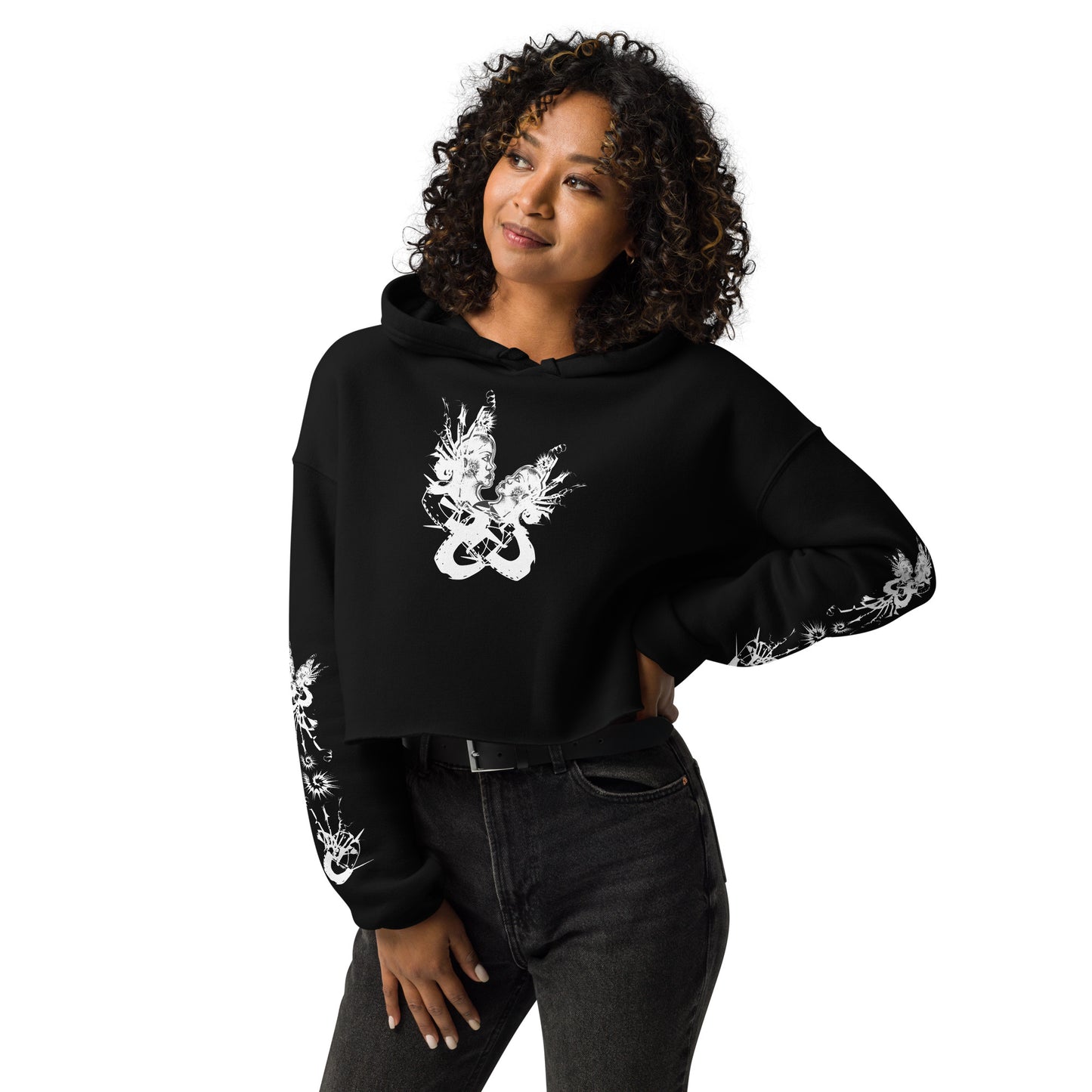 Front view of black unisex K.L.O.E. crop hoodie featuring white hand-drawn, culturally inspired artwork on the sleeves—symbolizing transformation and individuality through intricate abstract design.