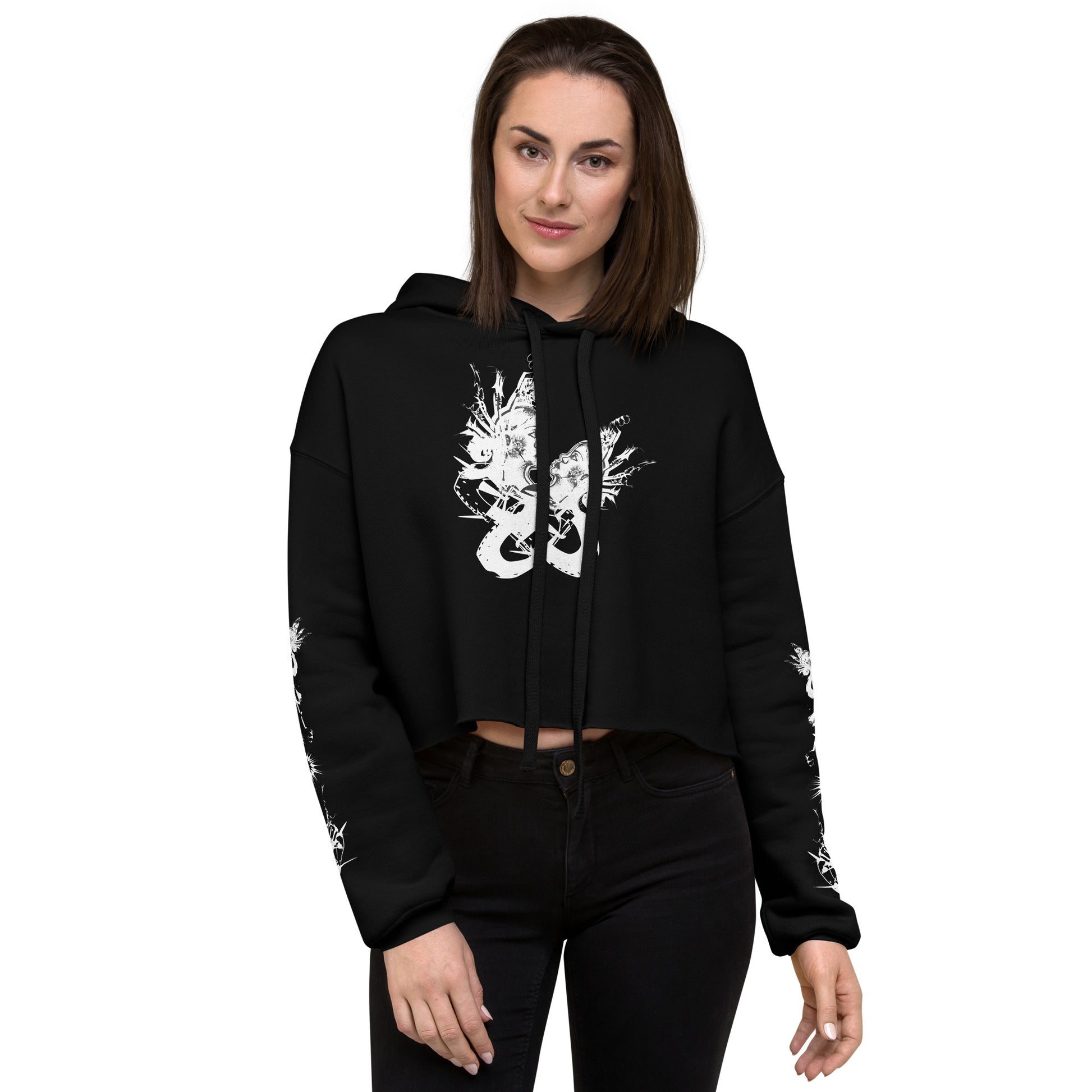 Front view of black unisex K.L.O.E. crop hoodie featuring white hand-drawn, culturally inspired artwork on the sleeves—symbolizing transformation and individuality through intricate abstract design.