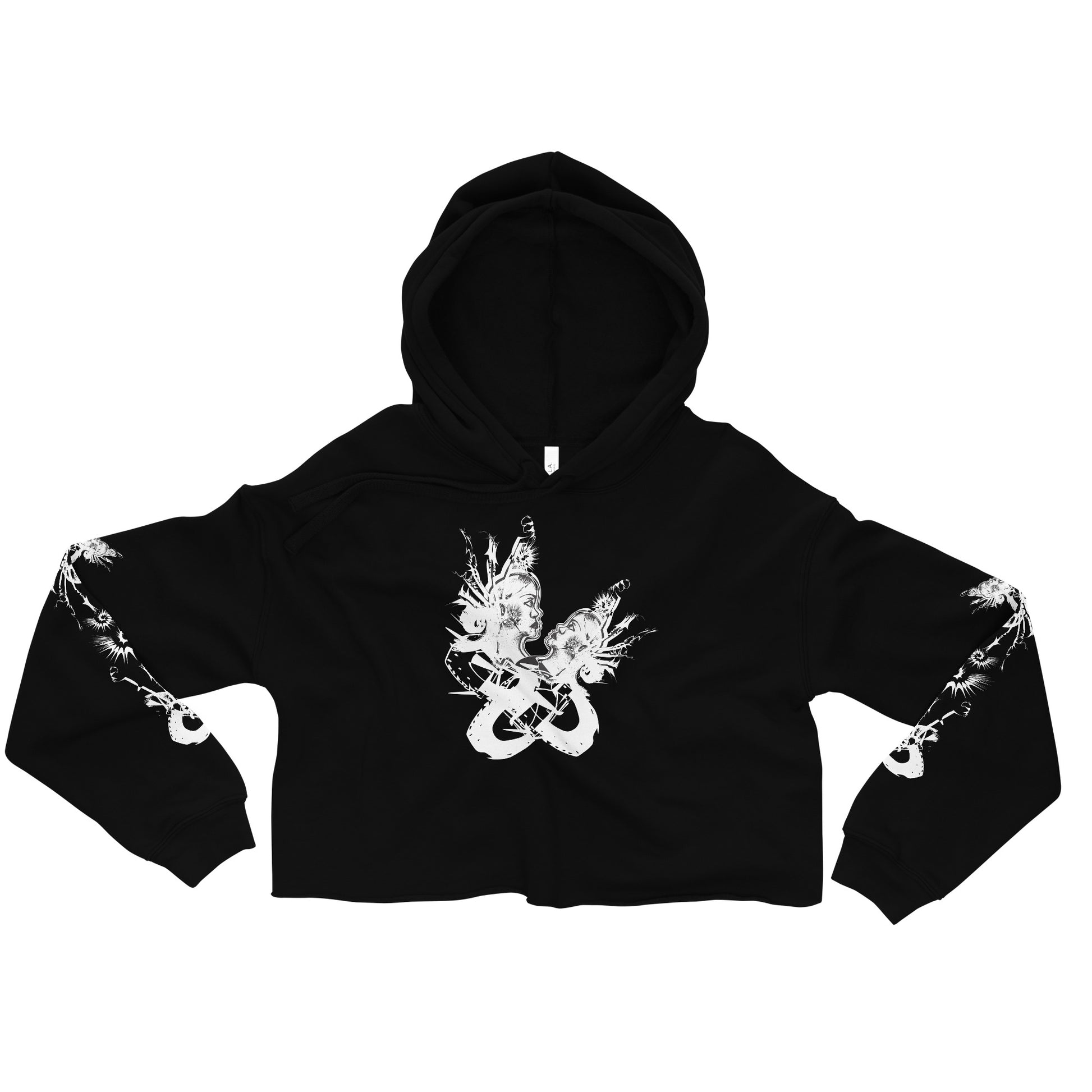 Front view of black unisex K.L.O.E. crop hoodie featuring white hand-drawn, culturally inspired artwork on the sleeves—symbolizing transformation and individuality through intricate abstract design.