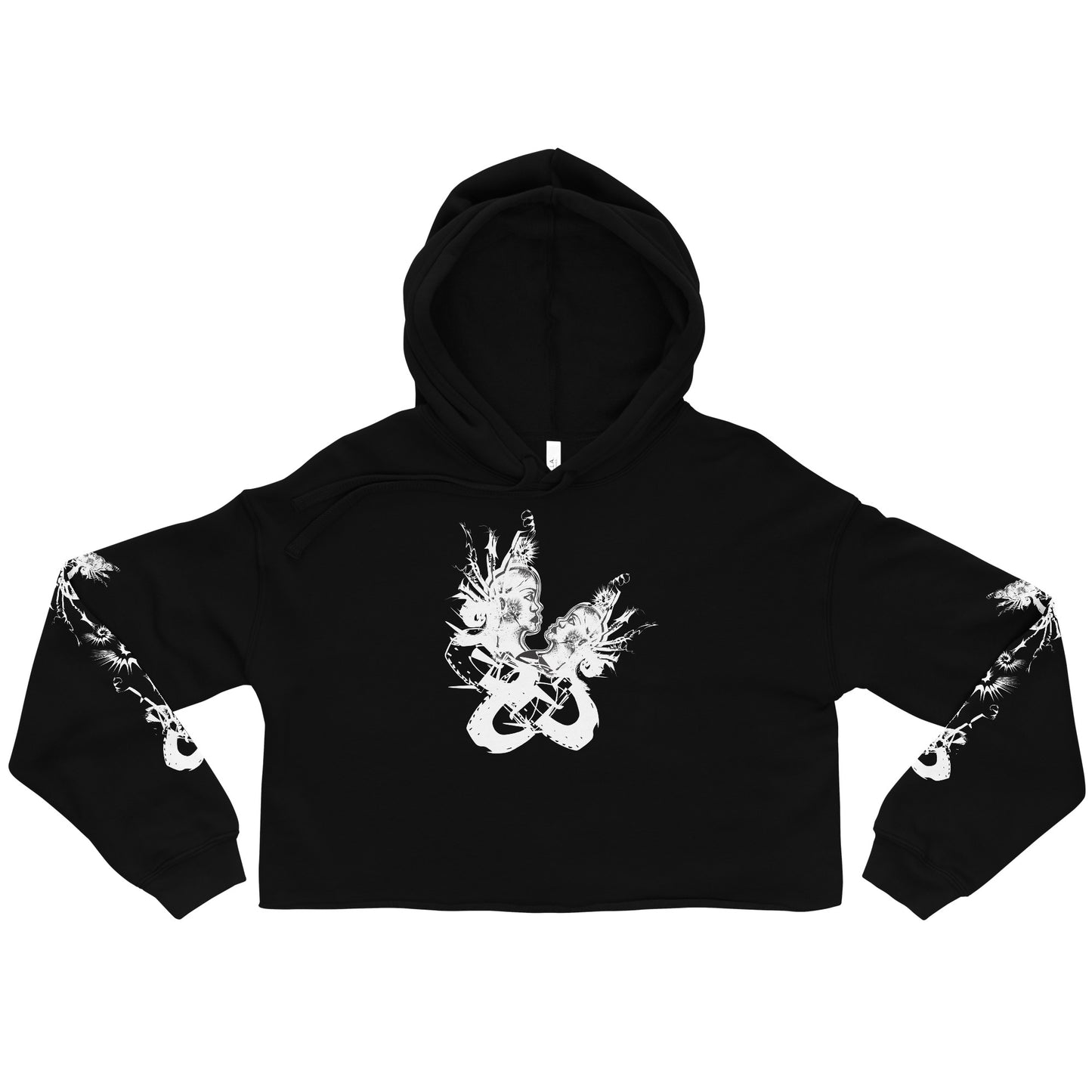 Front view of black unisex K.L.O.E. crop hoodie featuring white hand-drawn, culturally inspired artwork on the sleeves—symbolizing transformation and individuality through intricate abstract design.