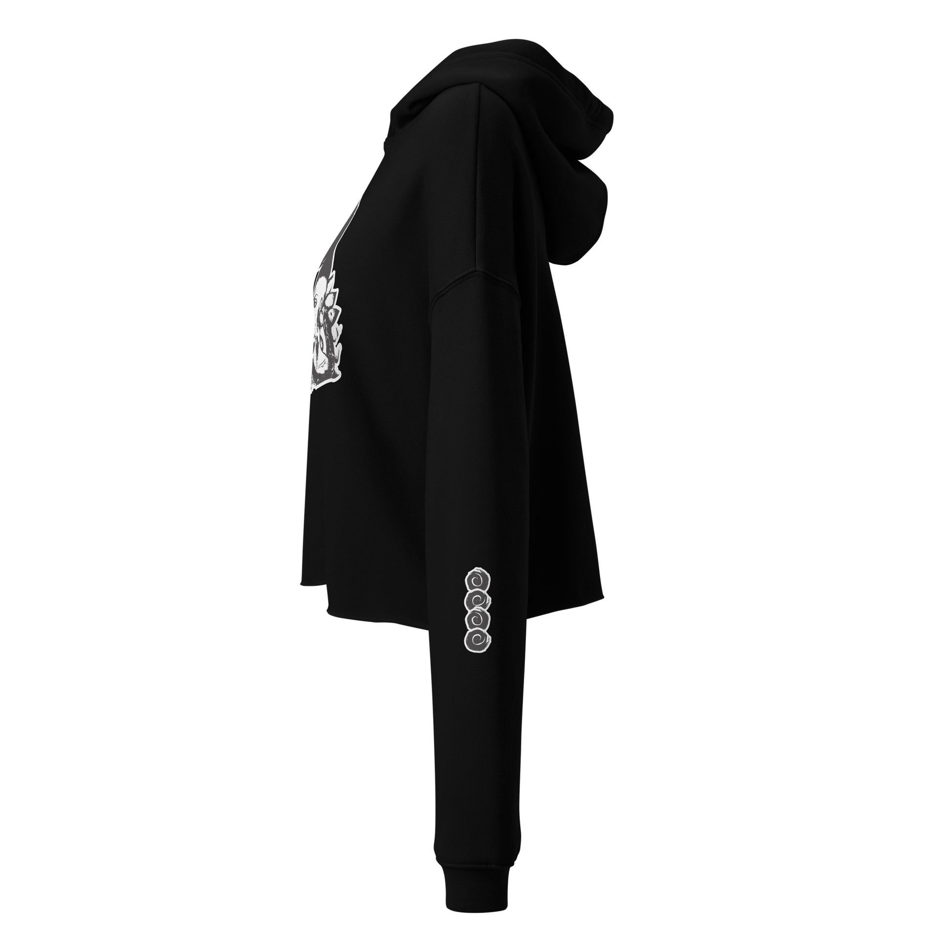 Black cropped hoodie featuring a white, hand-drawn graphic of two mirrored female figures with bold, intricate headpieces and a swirling central element. This culturally inspired, artisan design from K.L.O.E. captures modern boho style and expressive fashion, perfect for individuals seeking unique, eco-friendly apparel that celebrates self-expression and global artistry, side view.