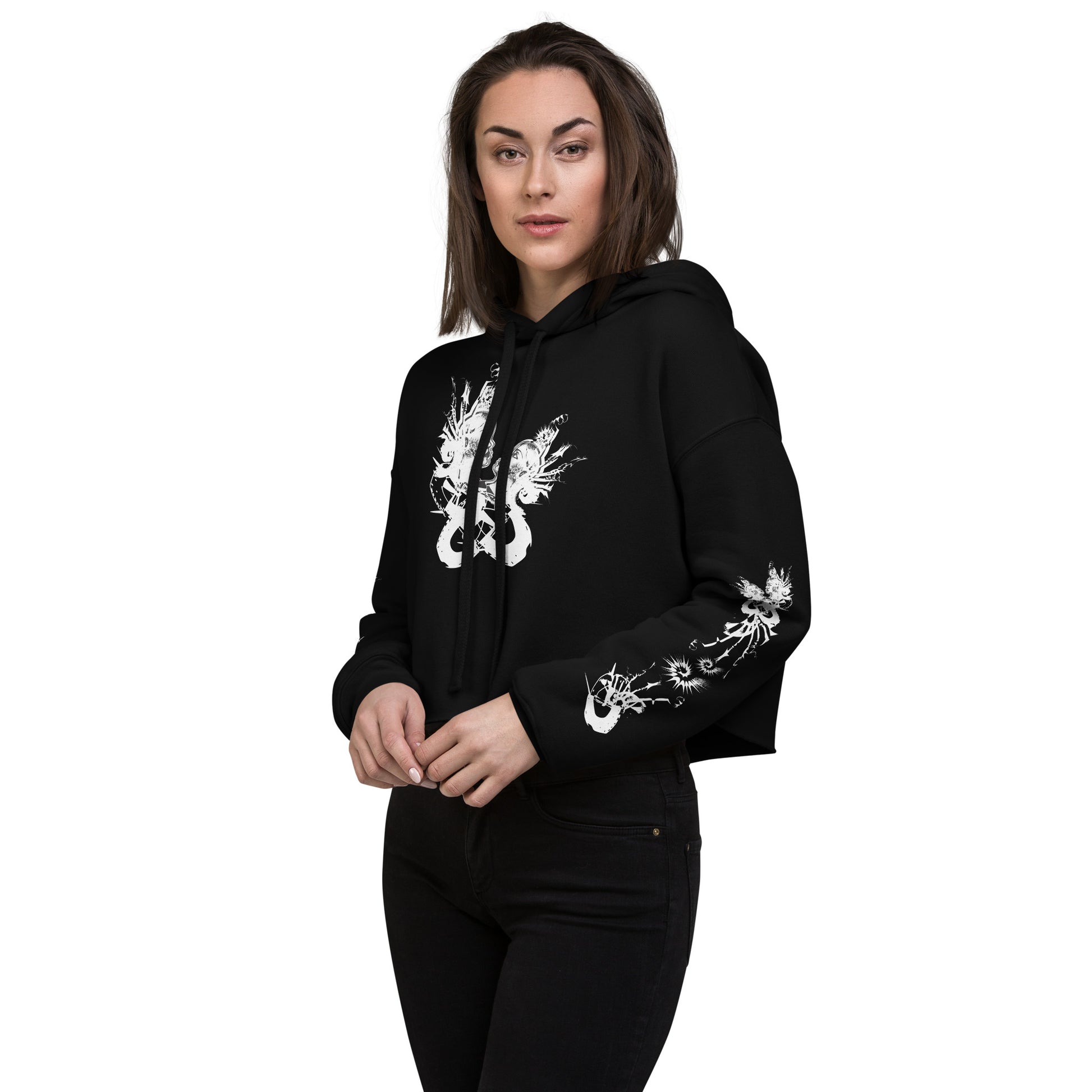 Front view of black unisex K.L.O.E. crop hoodie featuring white hand-drawn, culturally inspired artwork on the sleeves—symbolizing transformation and individuality through intricate abstract design.