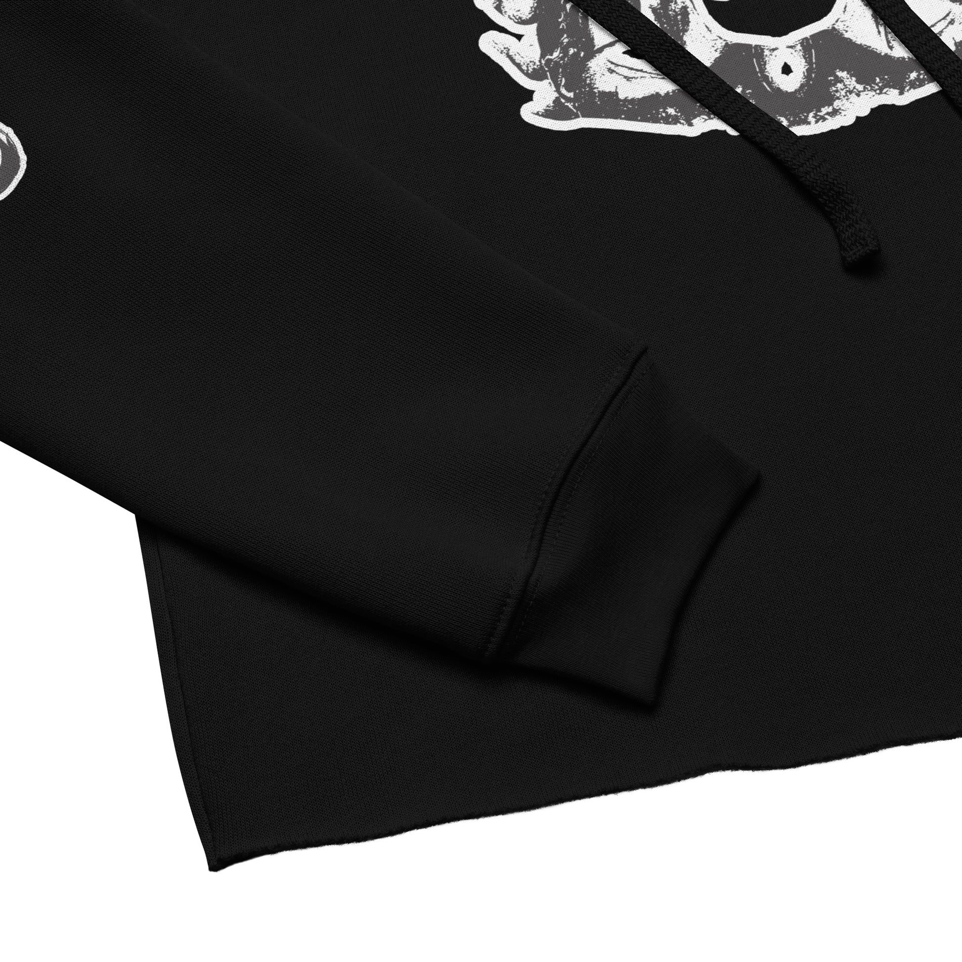 Black cropped hoodie featuring a white, hand-drawn graphic of two mirrored female figures with bold, intricate headpieces and a swirling central element. This culturally inspired, artisan design from K.L.O.E. captures modern boho style and expressive fashion, perfect for individuals seeking unique, eco-friendly apparel that celebrates self-expression and global artistry, detail view.