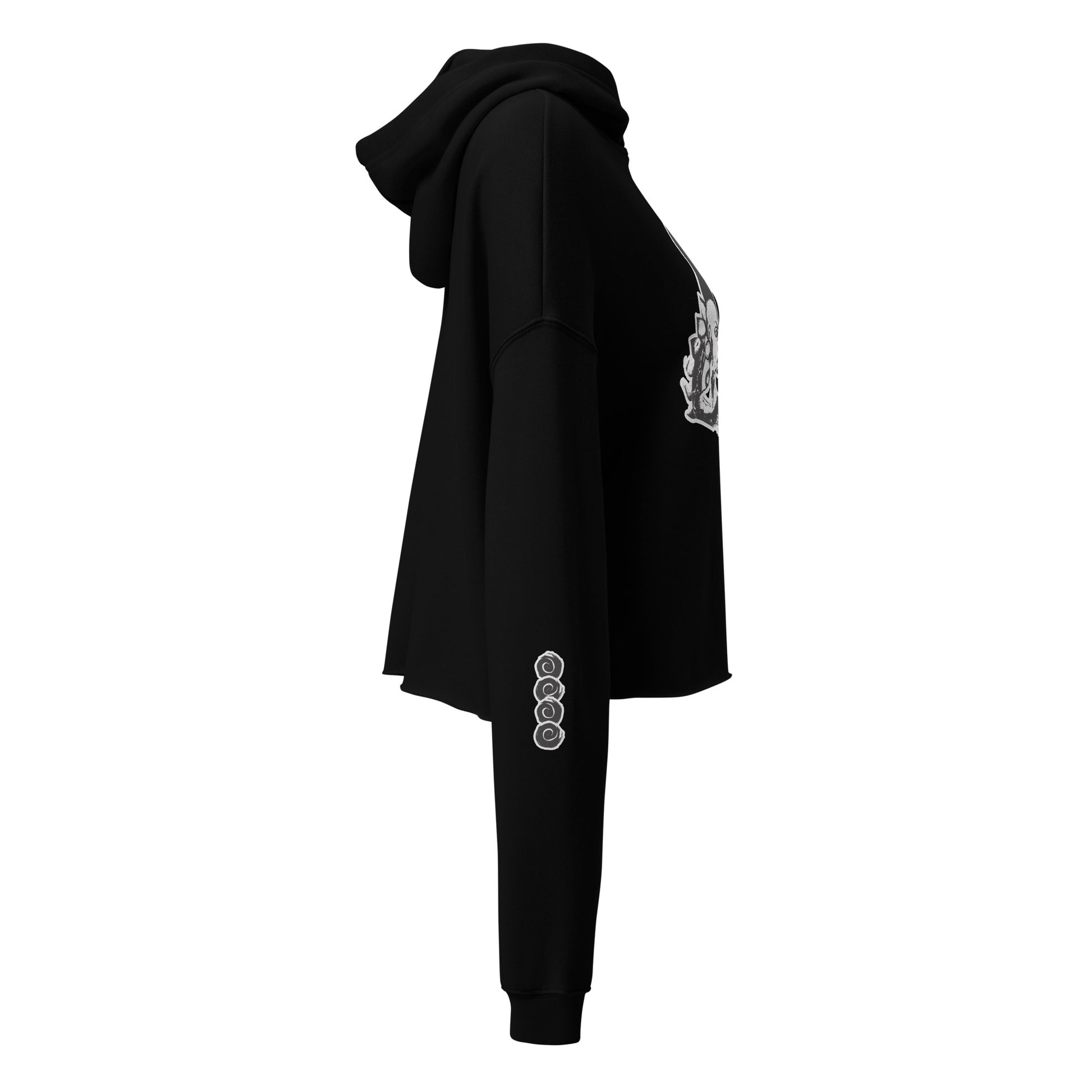 Black cropped hoodie featuring a white, hand-drawn graphic of two mirrored female figures with bold, intricate headpieces and a swirling central element. This culturally inspired, artisan design from K.L.O.E. captures modern boho style and expressive fashion, perfect for individuals seeking unique, eco-friendly apparel that celebrates self-expression and global artistry, side view.