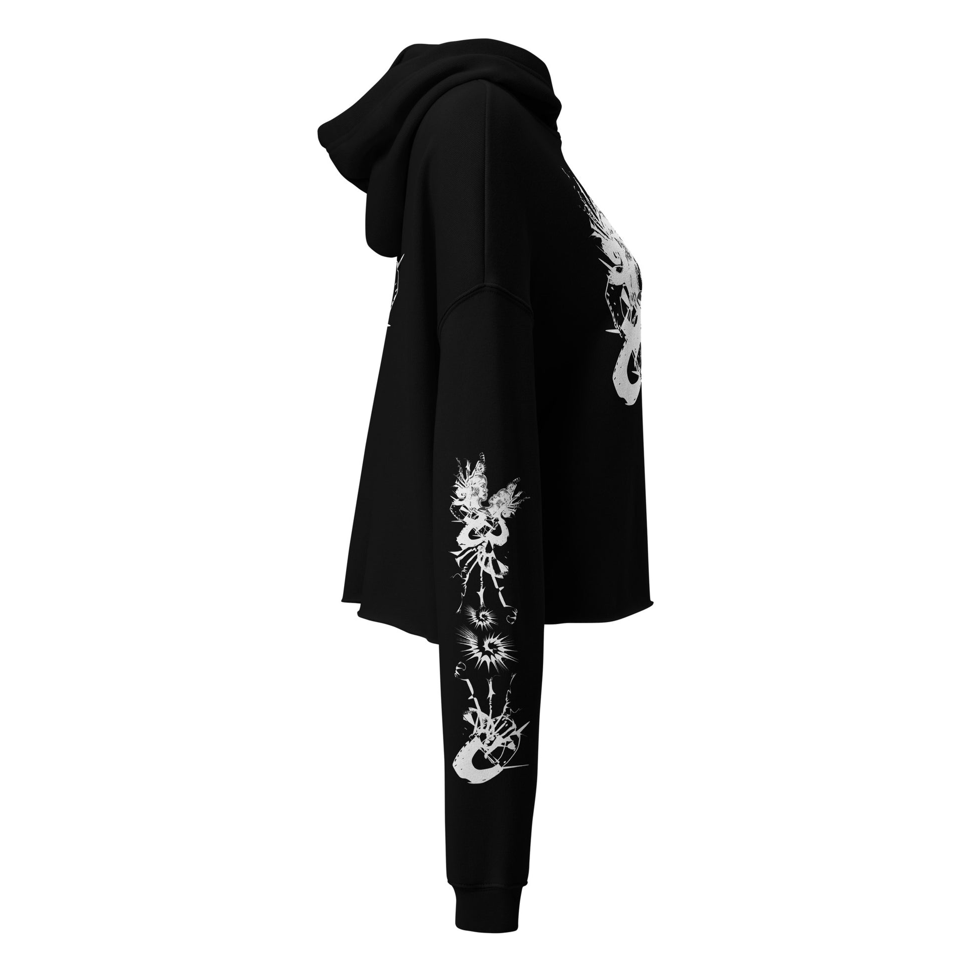 Side view of black unisex K.L.O.E. crop hoodie featuring white hand-drawn, culturally inspired artwork on the sleeves—symbolizing transformation and individuality through intricate abstract design.