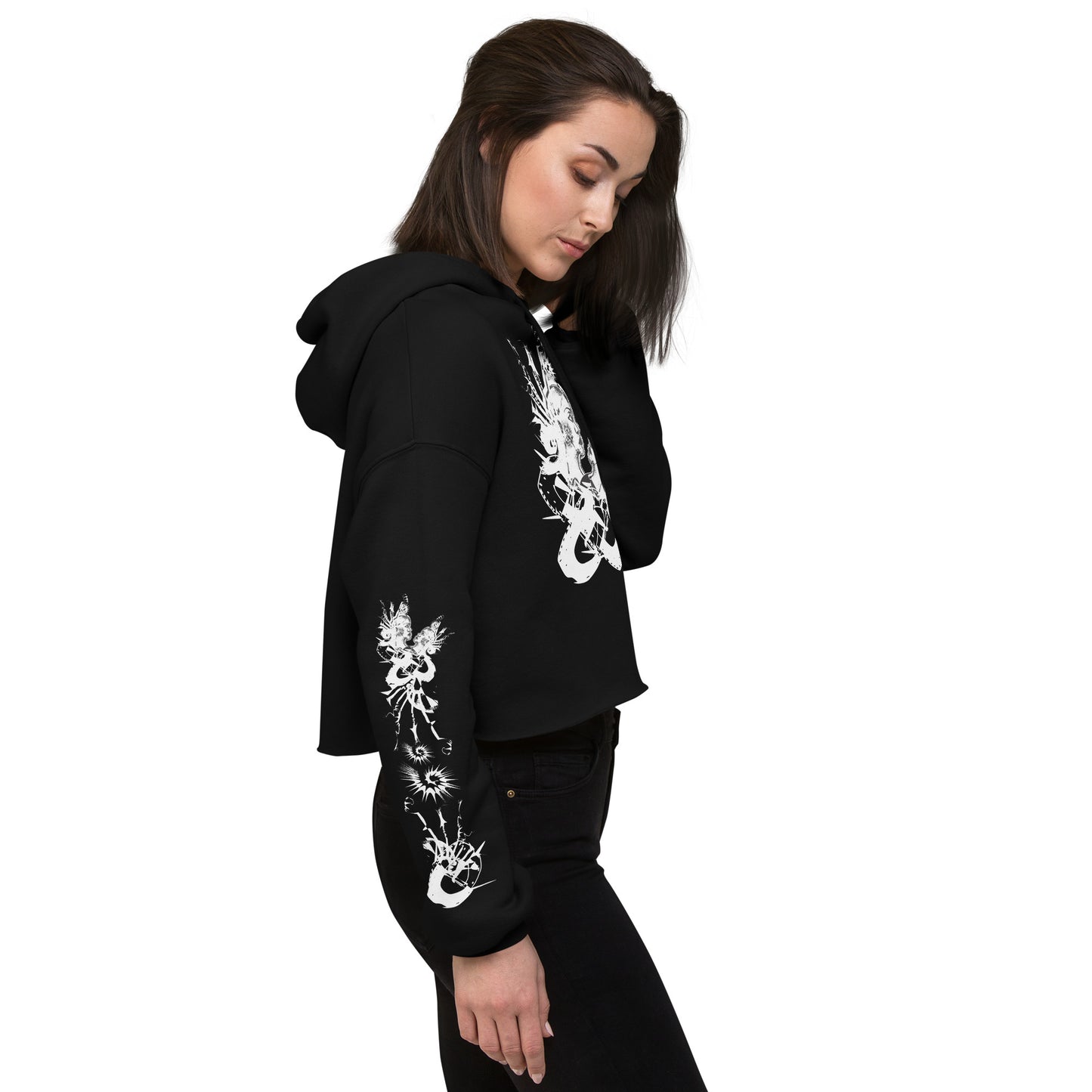 Side view of black unisex K.L.O.E. crop hoodie with white abstract hand-drawn illustration of two faces intertwined with organic shapes and cultural symbolism—expressing metamorphosis, identity, and artistic freedom.